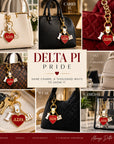 Delta Sigma Theta Delta Pi enamel bag charm styled on cream, black, crimson and travel handbags and used as a keychain