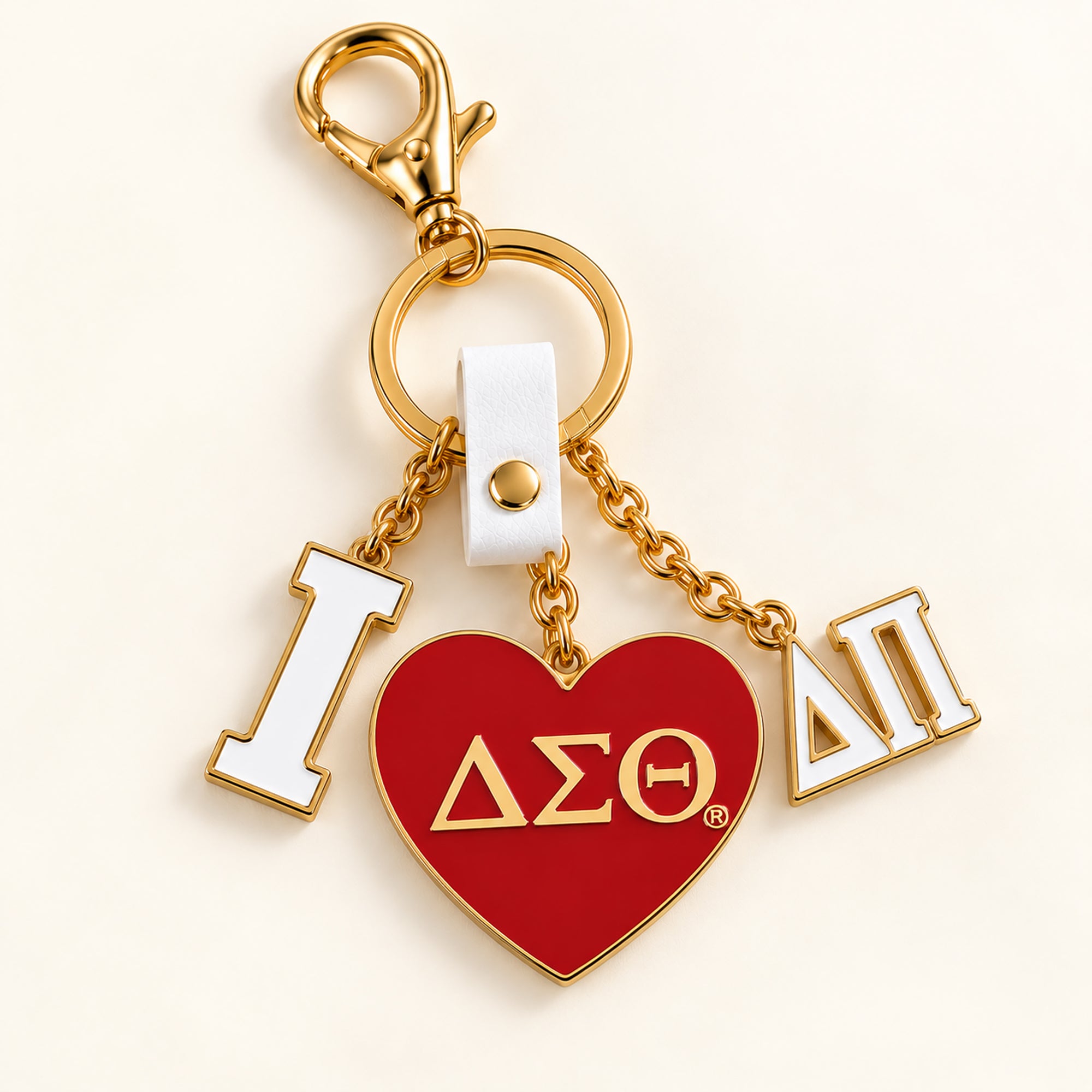 Delta Sigma Theta Delta Pi enamel bag charm with flat crimson ΔΣΘ heart, white I and ΔΠ charms, and gold-tone hardware