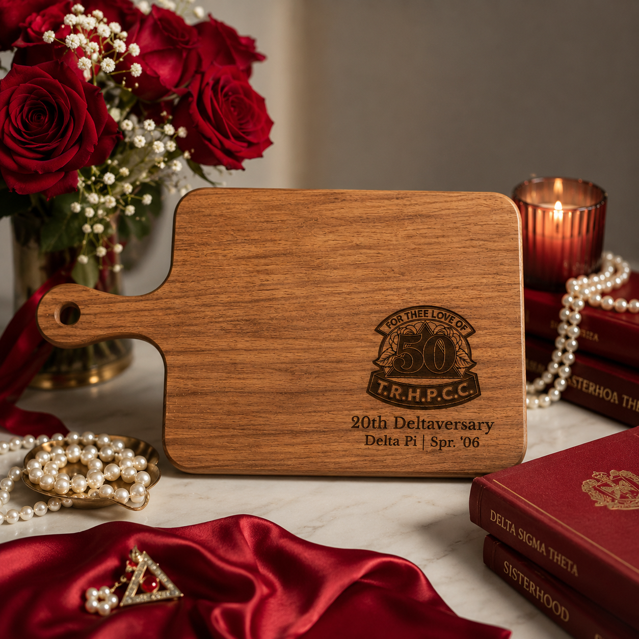 Delta Sigma Theta inspired engraved acacia cutting board styled with roses, pearls, and elegant crimson decor for Deltaversary gifting