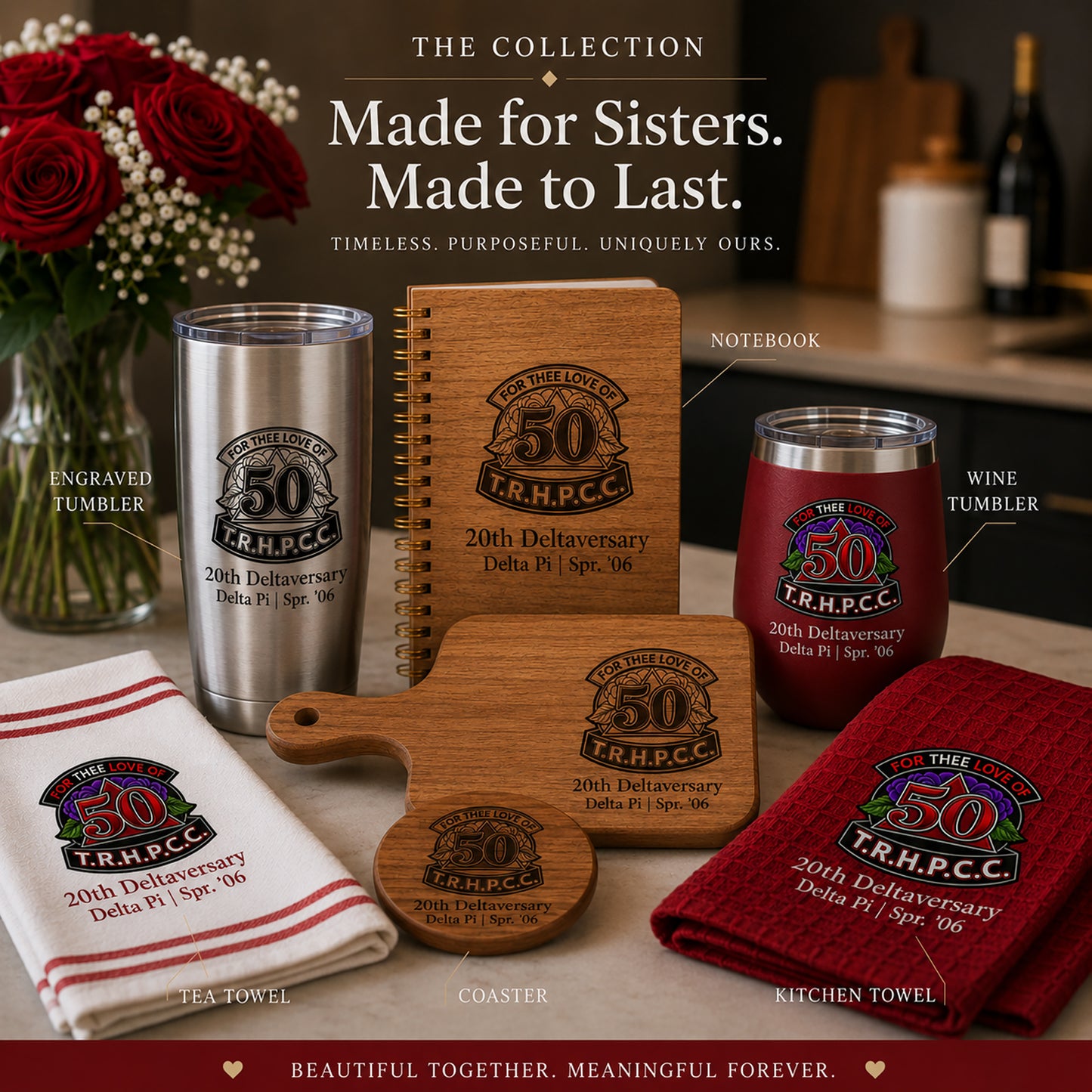 Matching Delta Sigma Theta Deltaversary gift collection including engraved cutting board, tumbler, notebook, towels, and coaster
