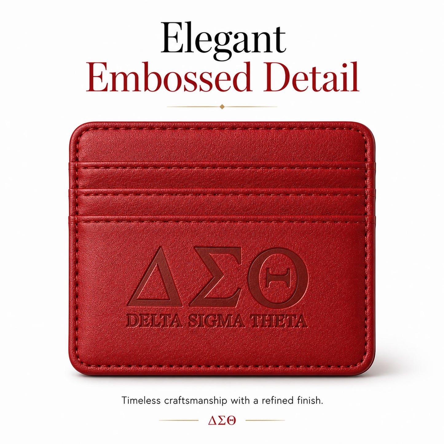 Classic Crimson Delta Sigma Theta faux leather slim wallet with embossed Greek letters on the front.