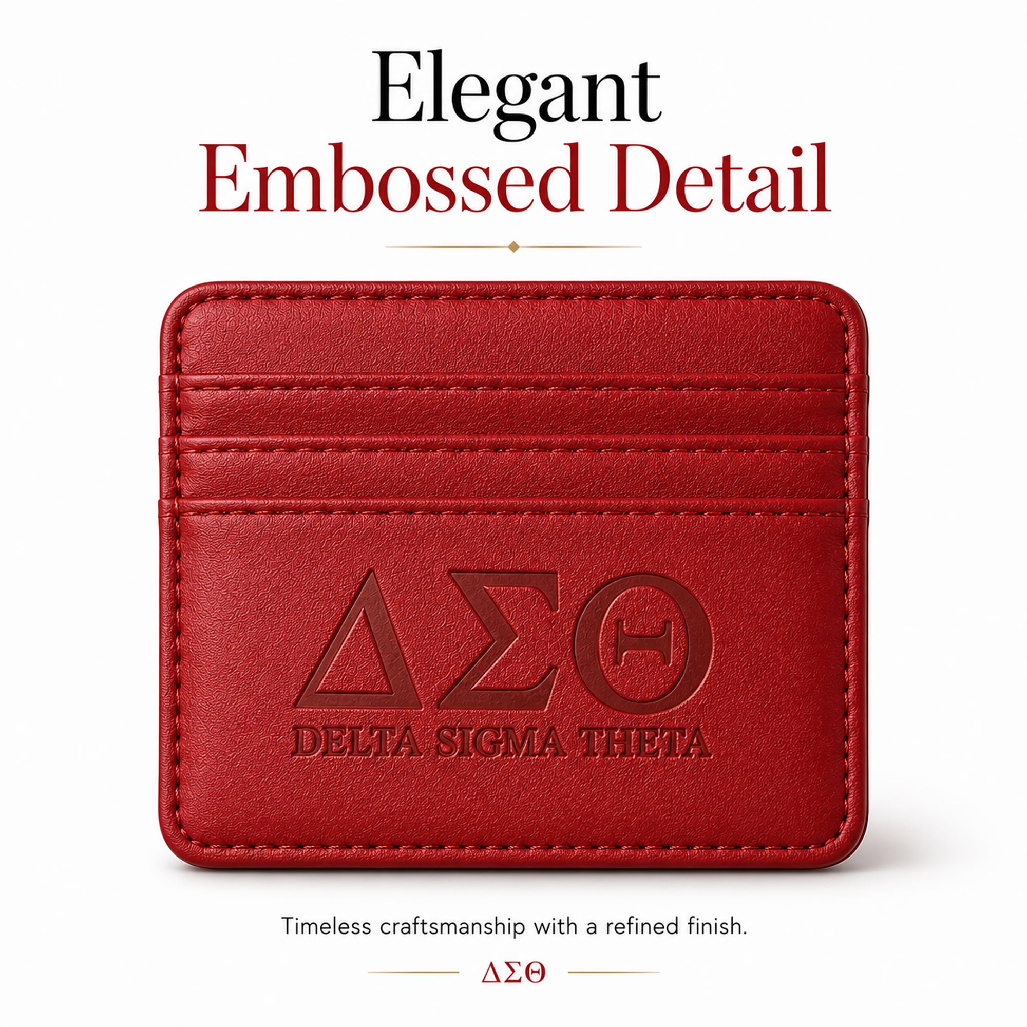 Classic Crimson Delta Sigma Theta faux leather slim wallet with embossed Greek letters on the front.