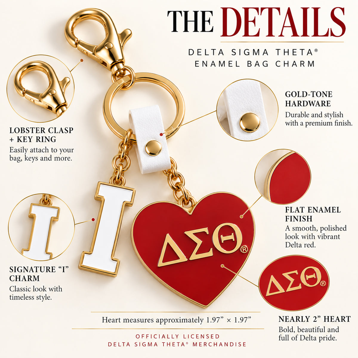 Delta Sigma Theta bag charm details showing flat enamel heart, lobster clasp, key ring and gold-tone hardware
