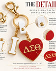 Delta Sigma Theta bag charm details showing flat enamel heart, lobster clasp, key ring and gold-tone hardware