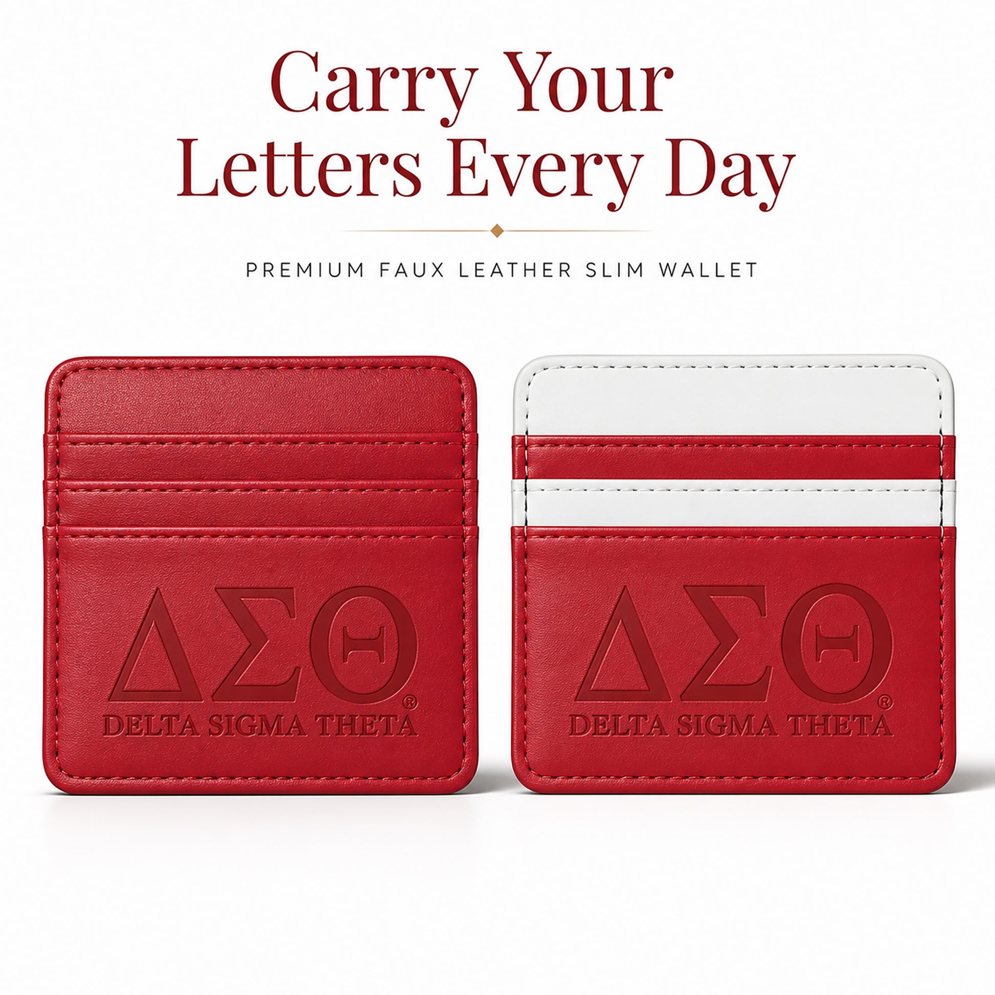 Officially licensed Delta Sigma Theta faux leather slim wallets in Classic Crimson and Crimson & White featuring embossed Greek letters.