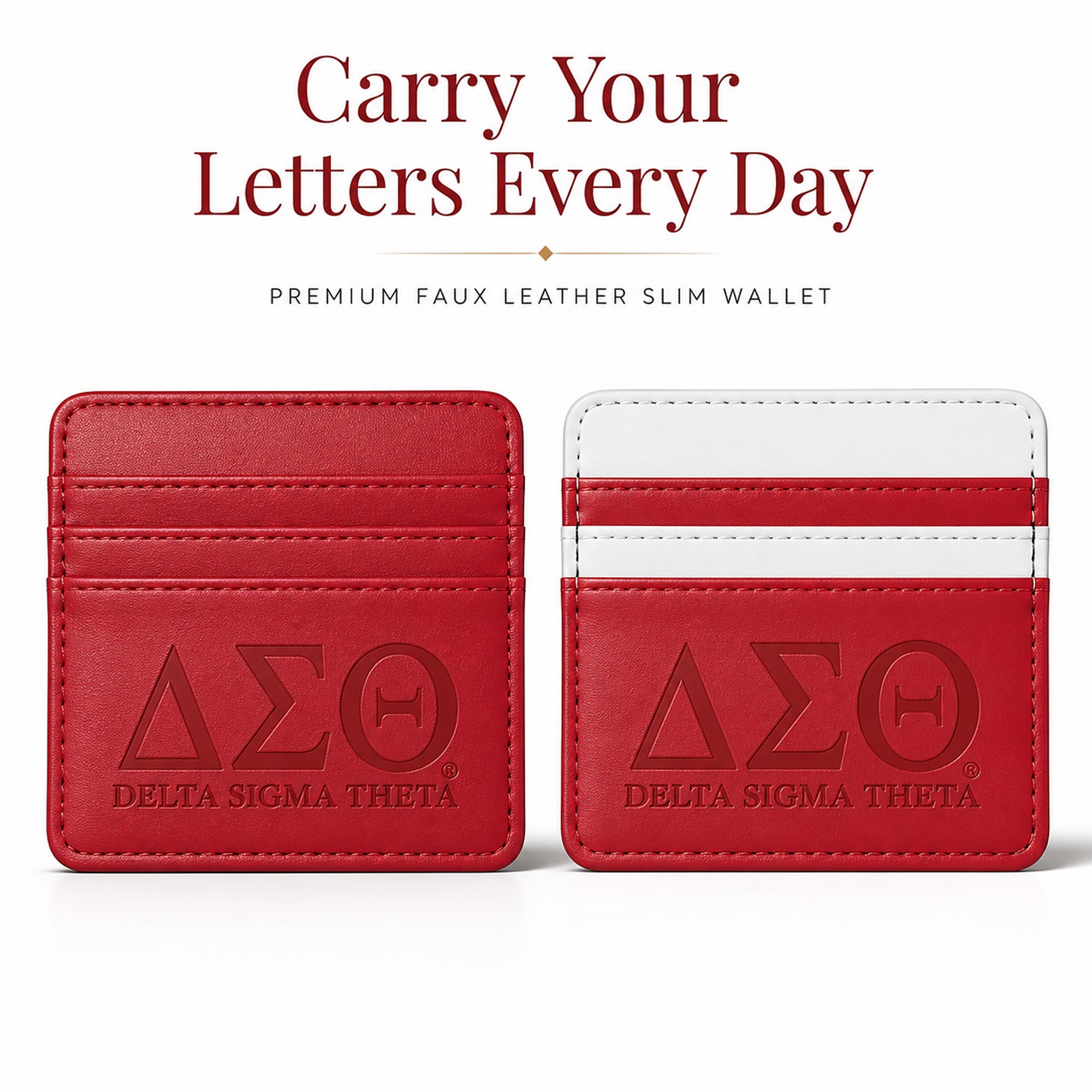 Officially licensed Delta Sigma Theta faux leather slim wallets in Classic Crimson and Crimson & White featuring embossed Greek letters.