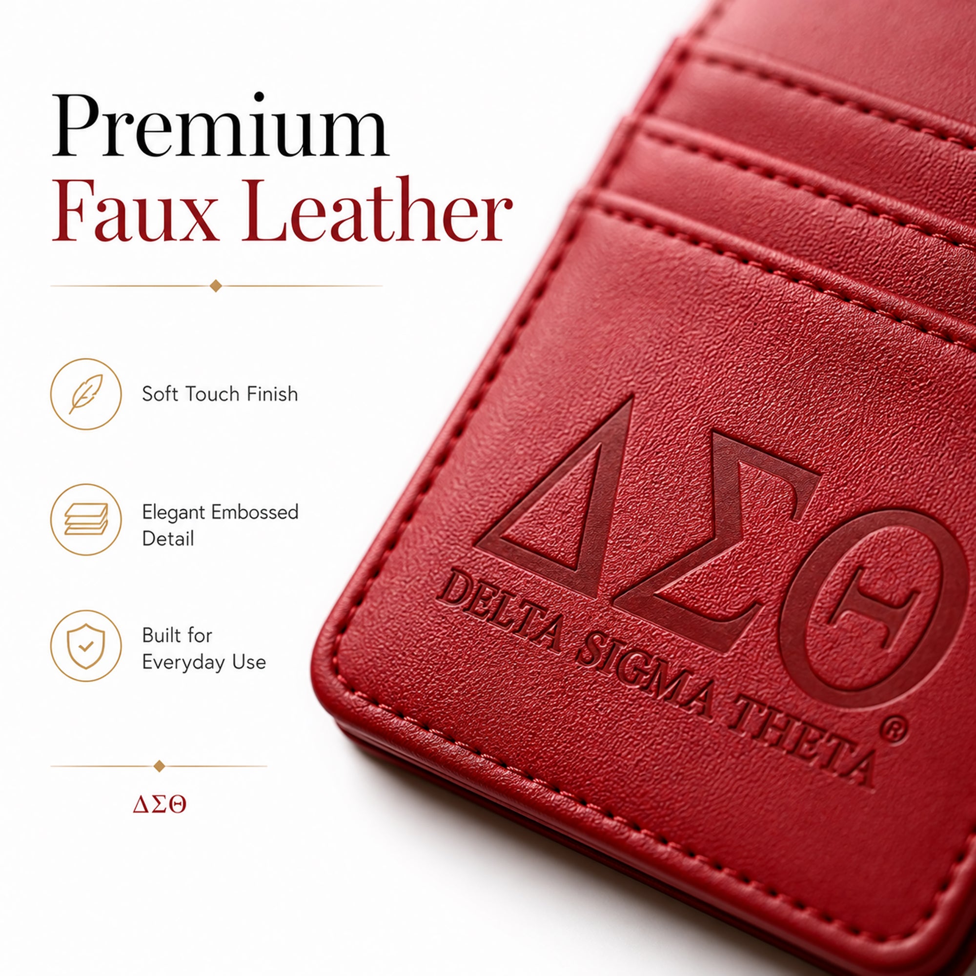 Close-up of the premium faux leather texture, stitching, and embossed Delta Sigma Theta Greek letters on the slim wallet.