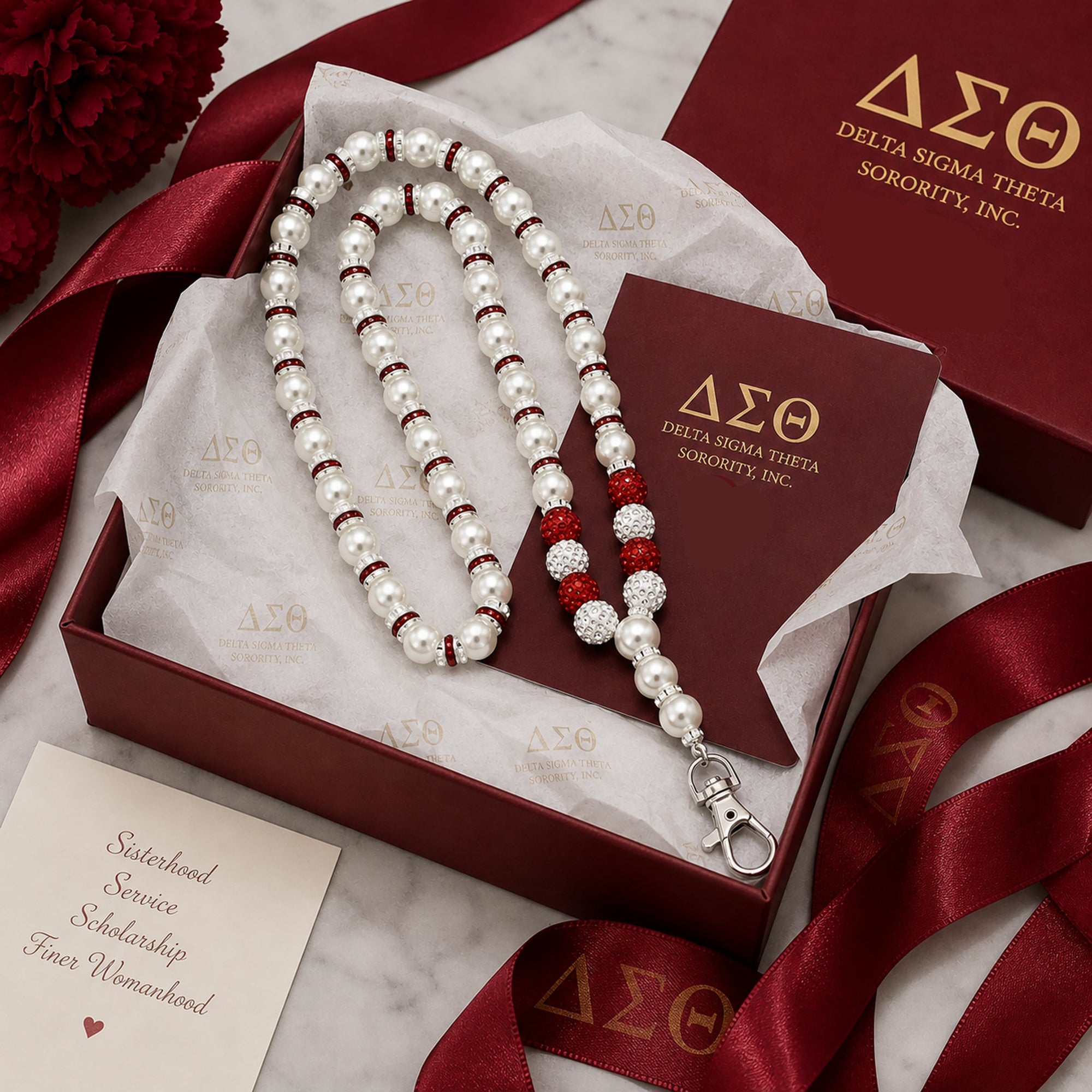 Delta Sigma Theta pearl lanyard necklace presented in luxury gift packaging with tissue paper and crimson ribbon