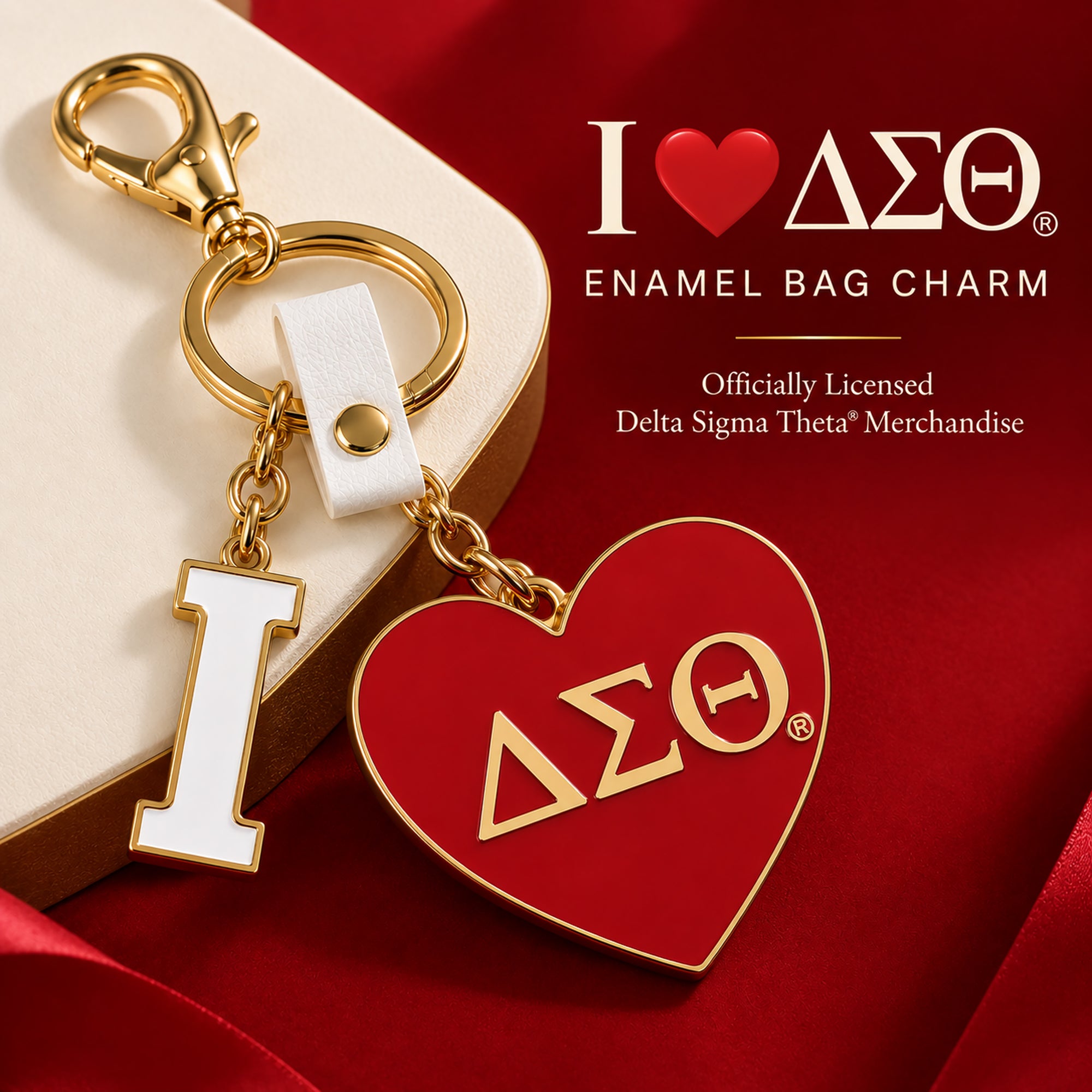 Delta Sigma Theta I Heart DST enamel bag charm displayed in a luxury crimson, ivory and gold setting