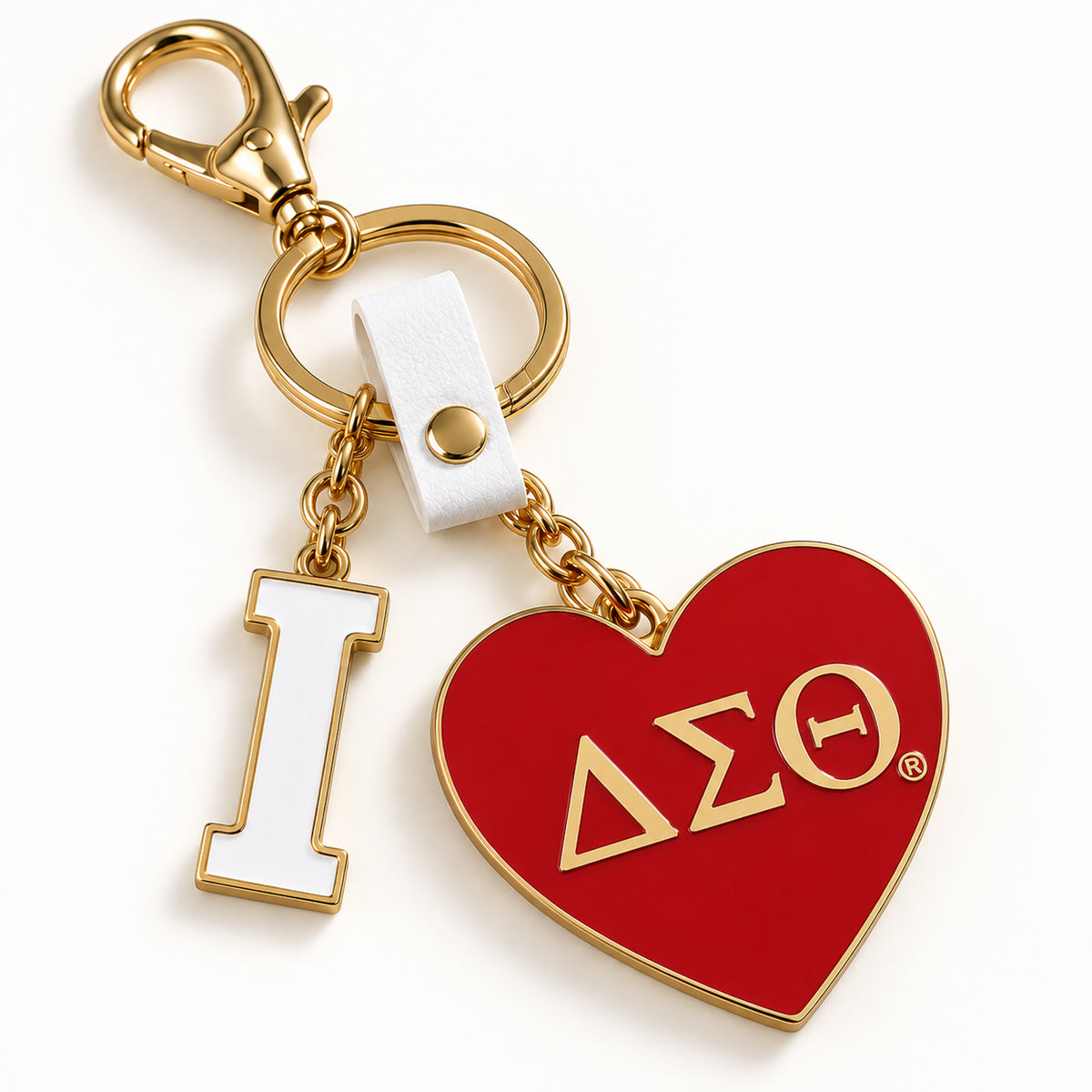 Delta Sigma Theta I Heart DST enamel bag charm and keychain with flat crimson heart, white I charm and gold-tone hardware