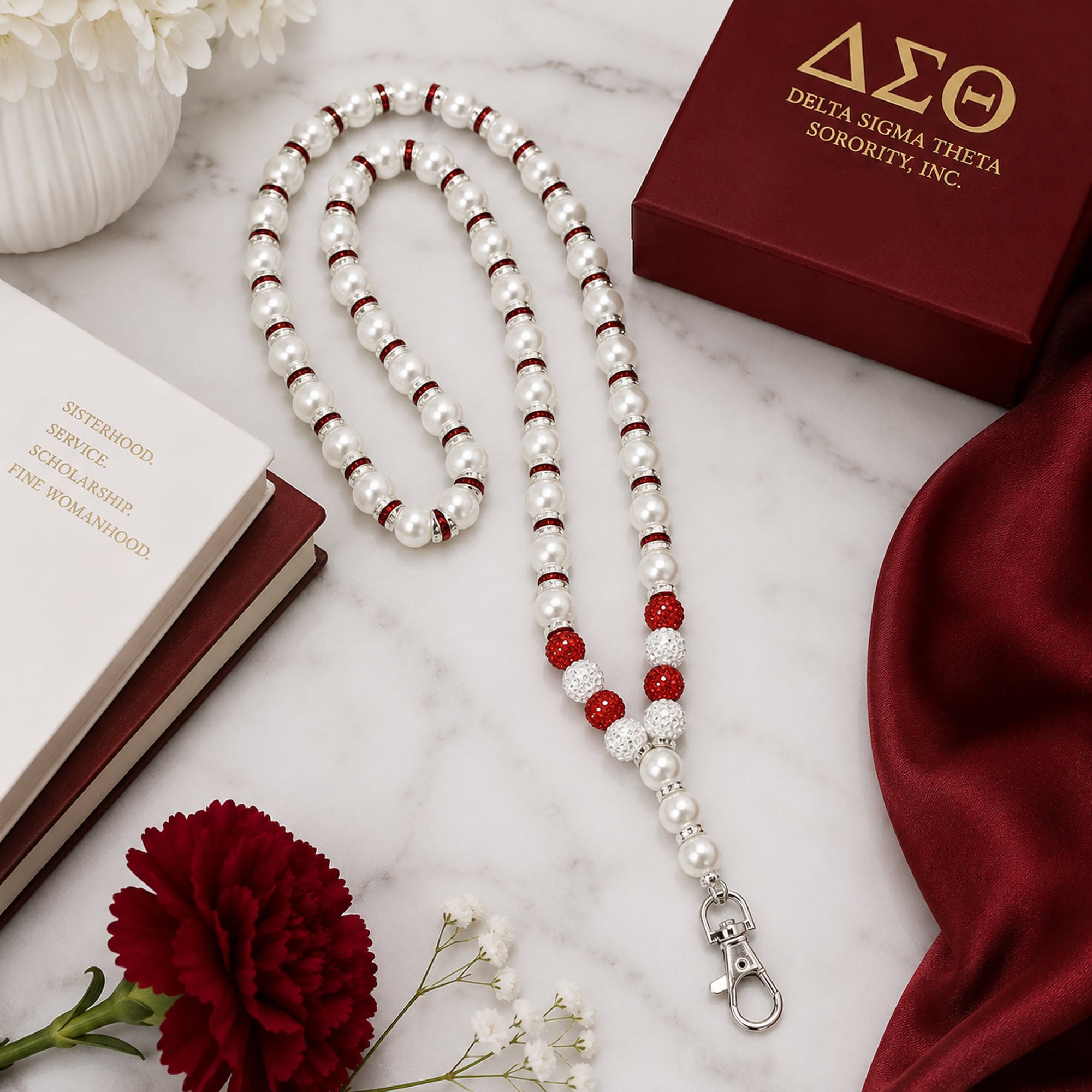 Flat lay of Delta Sigma Theta pearl beaded lanyard necklace with crimson accent beads and rhinestone spacers
