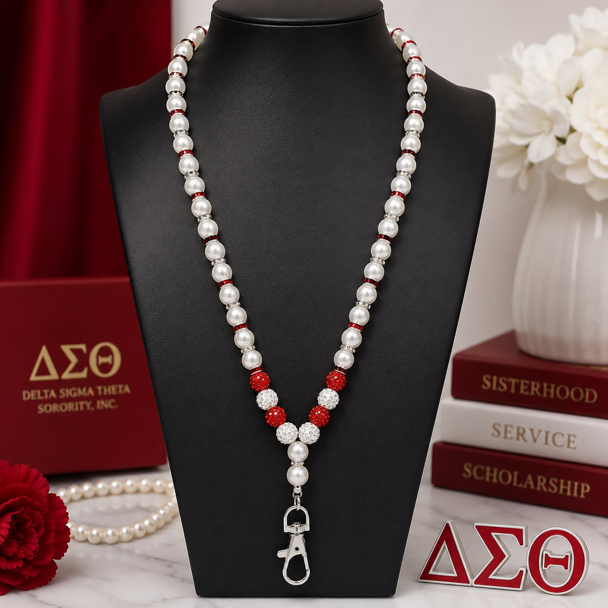 Delta Sigma Theta pearl beaded lanyard necklace with rhinestone spacers displayed on a black jewelry mannequin