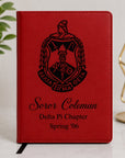 Red Delta Sigma Theta leatherette notebook featuring the official shield logo with personalized engraving for Soror Coleman, Delta Pi Chapter, Spring '06.