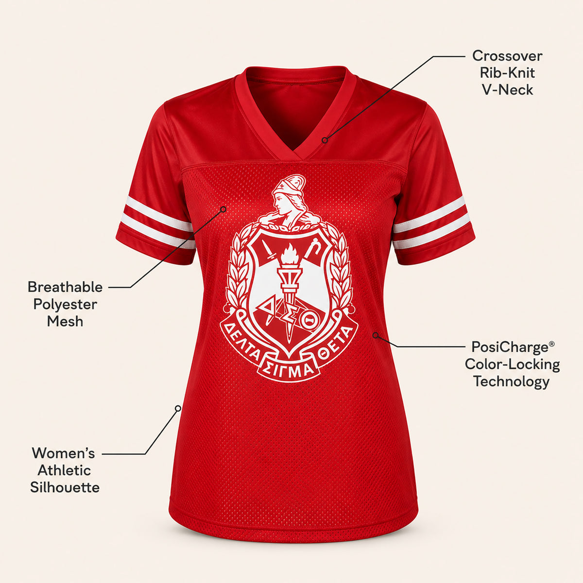 Red short-sleeve athletic V-neck jersey with white sleeve stripes and a large white crest graphic on the front, shown on a light beige background with callout labels describing features.