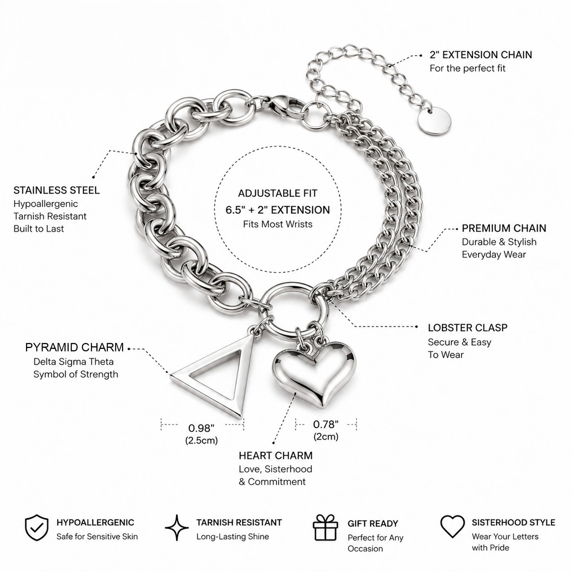 Features graphic for the officially licensed Delta Sigma Theta pyramid charm bracelet showing adjustable fit, stainless steel construction, lobster clasp, extension chain, heart charm, and pyramid charm.