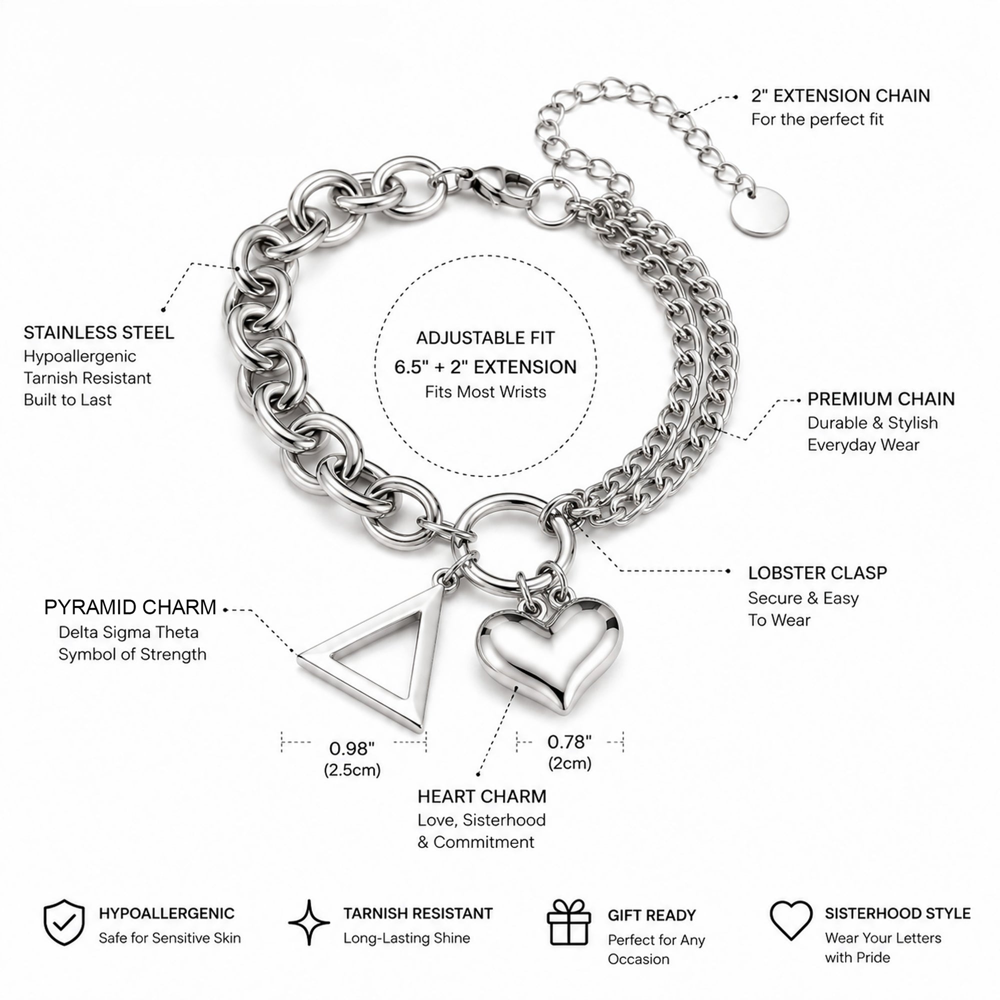 Features graphic for the officially licensed Delta Sigma Theta pyramid charm bracelet showing adjustable fit, stainless steel construction, lobster clasp, extension chain, heart charm, and pyramid charm.