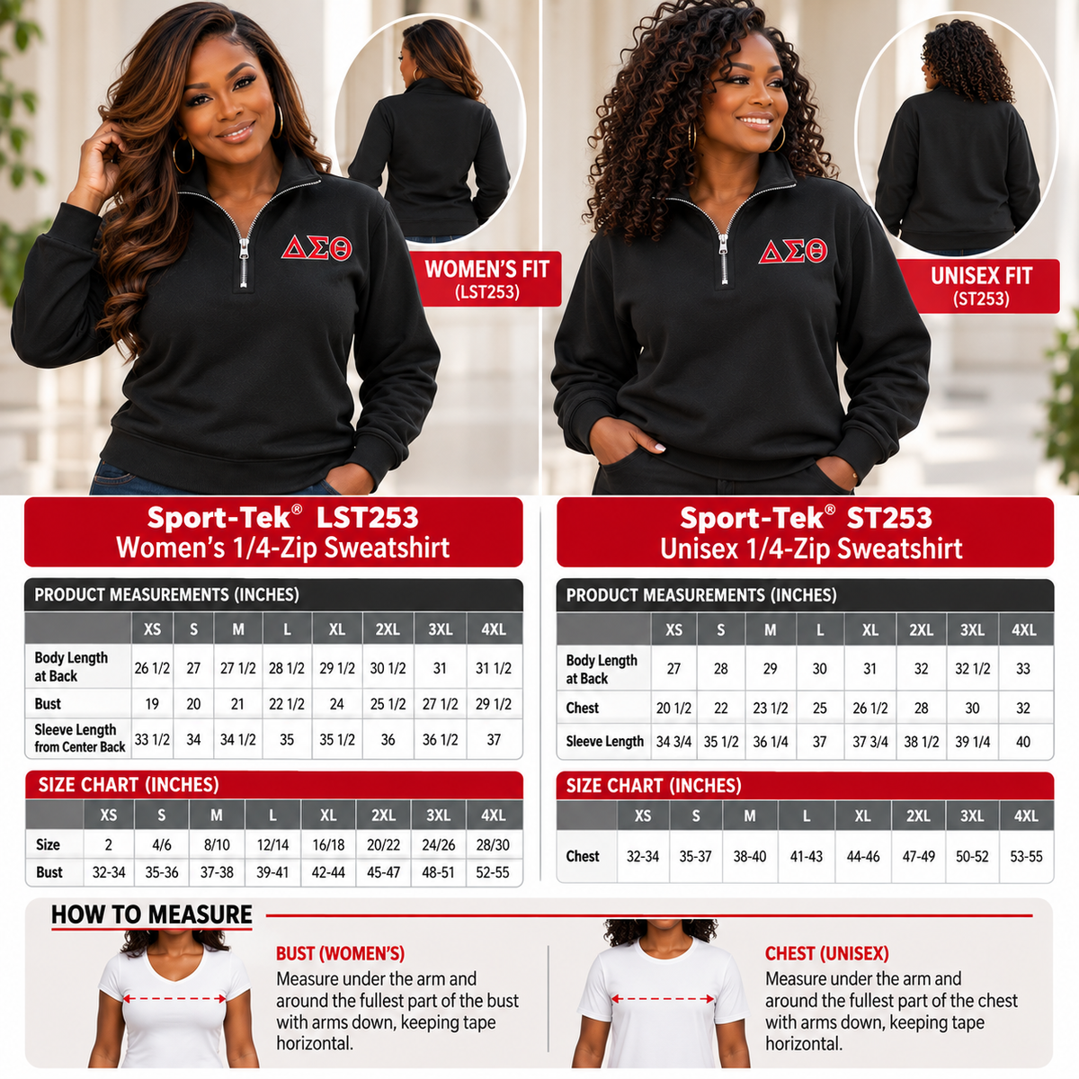 Delta Sigma Theta quarter-zip ladies and unisex size chart and fit guide