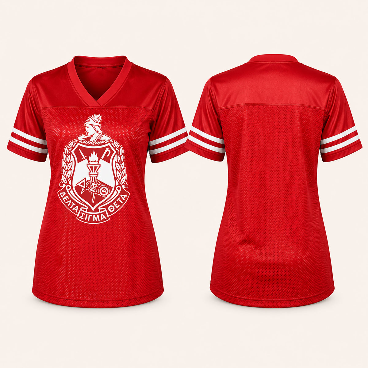 A red short-sleeve athletic-style V-neck jersey shown from both front and back on a light beige background. The front features a large white crest with Greek letters and a torch graphic, and the sleeves have white stripes.