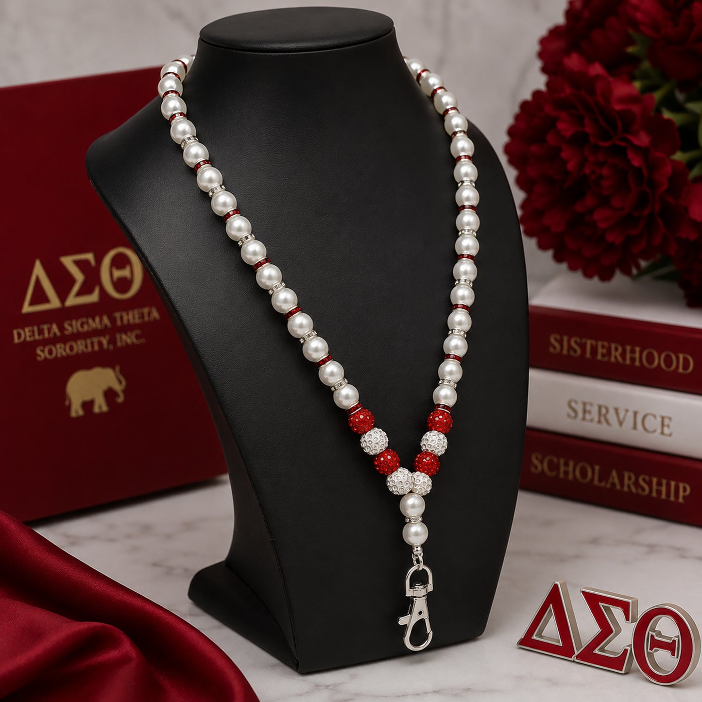Angled view of Delta Sigma Theta pearl lanyard necklace featuring crimson rhinestone accents and silver clasp hardware