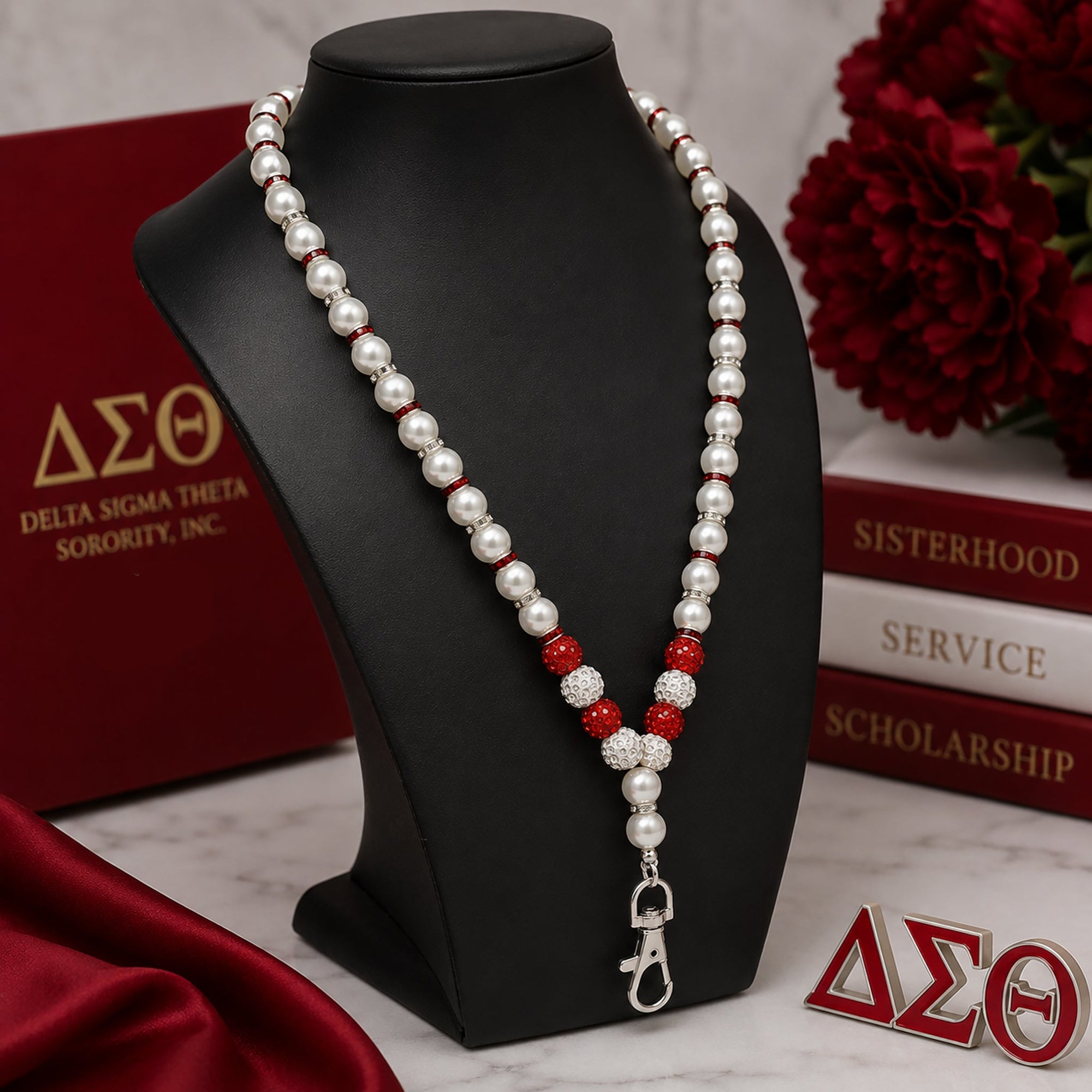 Angled view of Delta Sigma Theta pearl lanyard necklace featuring crimson rhinestone accents and silver clasp hardware