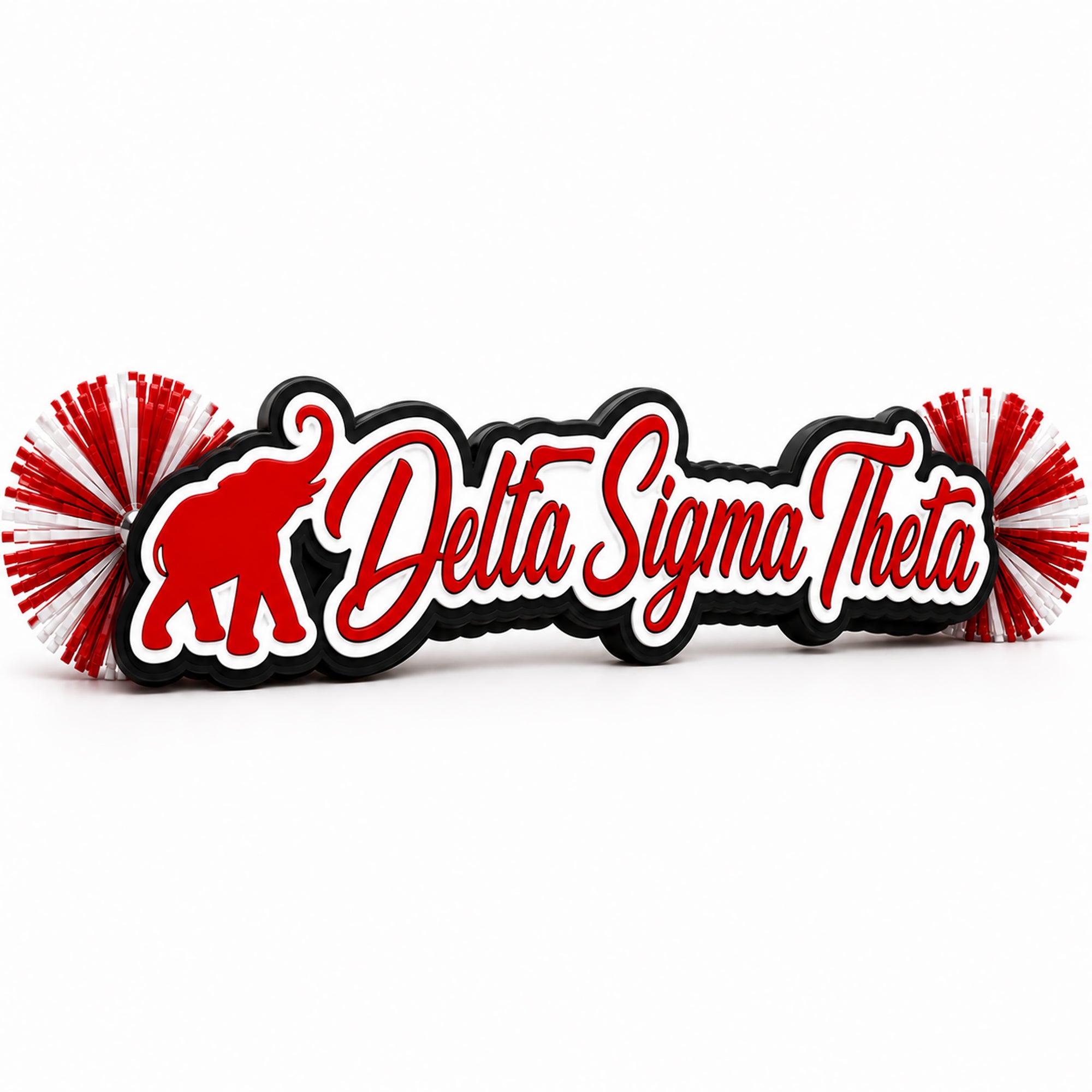 Personalized Delta Sigma Theta acrylic spirit stick featuring a script font, elephant icon, layered acrylic construction, and coordinating red and white pom-poms.