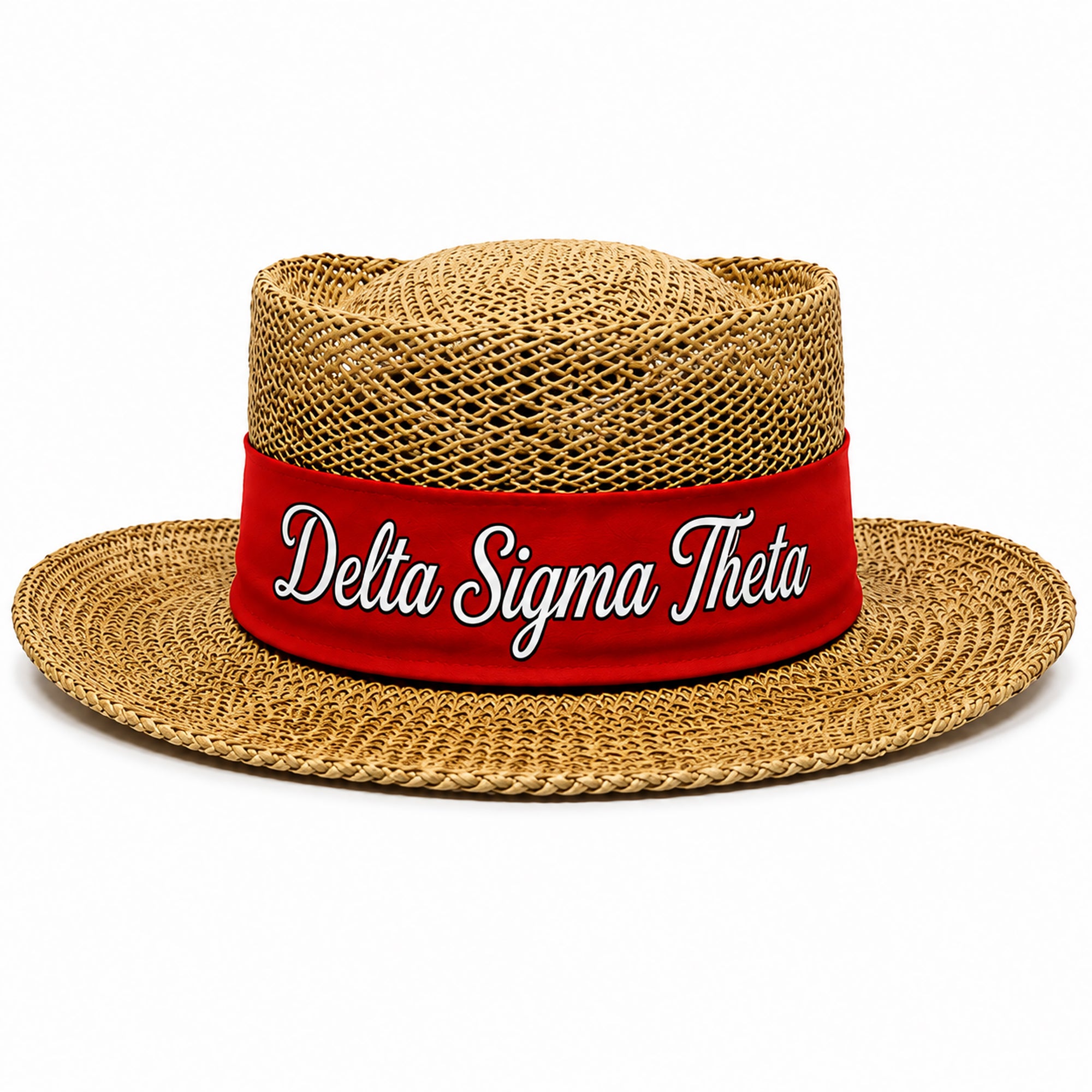 Straw hat with red band embroidered with Delta Sigma Theta script