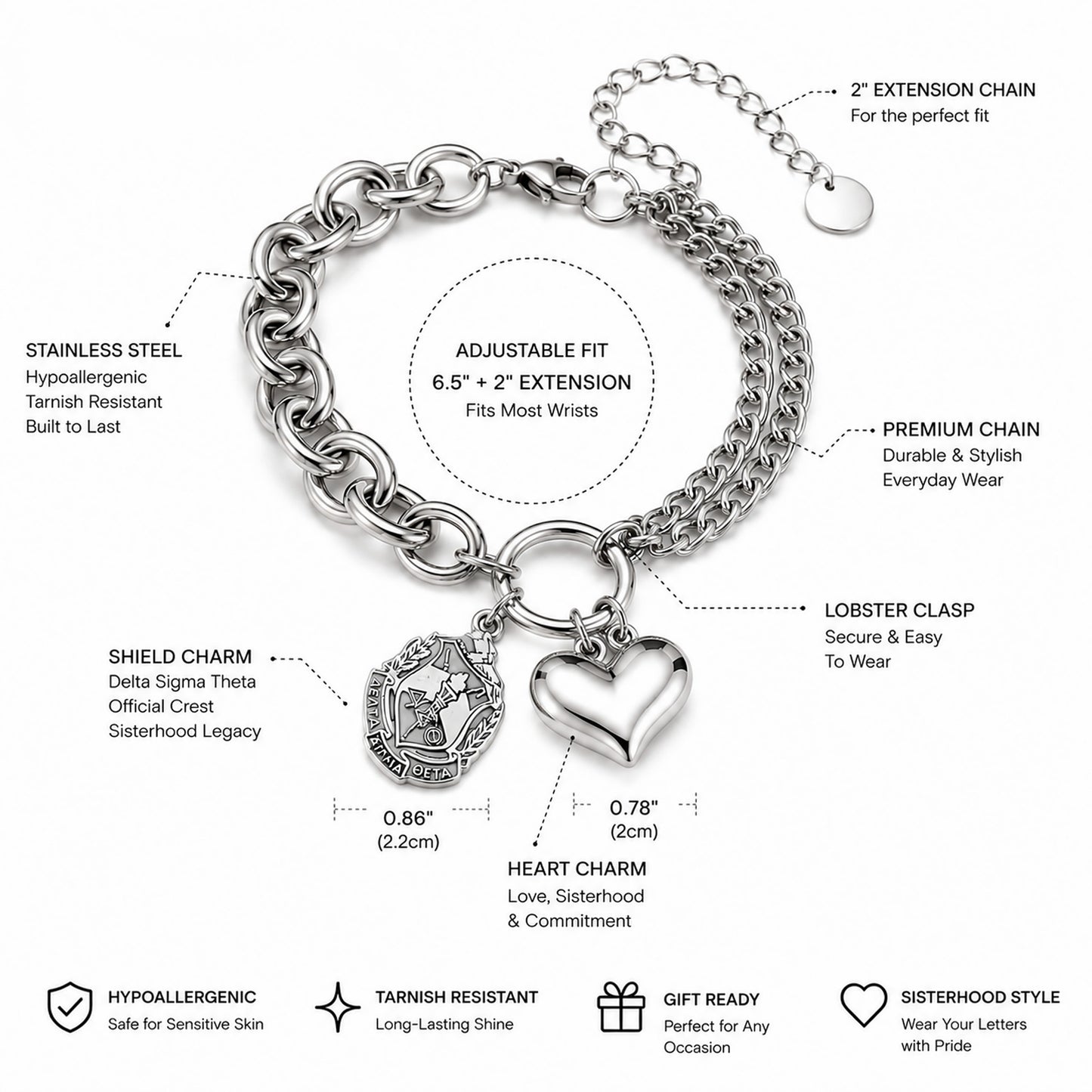 Features graphic for the officially licensed Delta Sigma Theta shield charm bracelet highlighting the official shield charm, heart charm, adjustable extension chain, stainless steel construction, and gift-ready design.