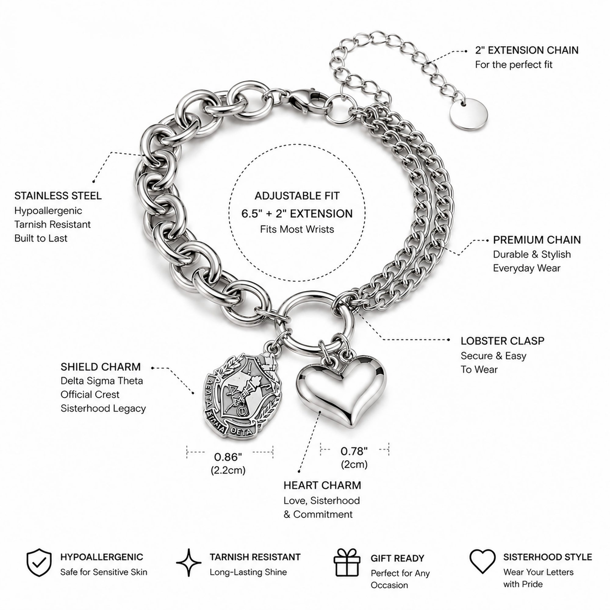 Features graphic for the officially licensed Delta Sigma Theta shield charm bracelet highlighting the official shield charm, heart charm, adjustable extension chain, stainless steel construction, and gift-ready design.