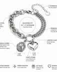 Features graphic for the officially licensed Delta Sigma Theta shield charm bracelet highlighting the official shield charm, heart charm, adjustable extension chain, stainless steel construction, and gift-ready design.