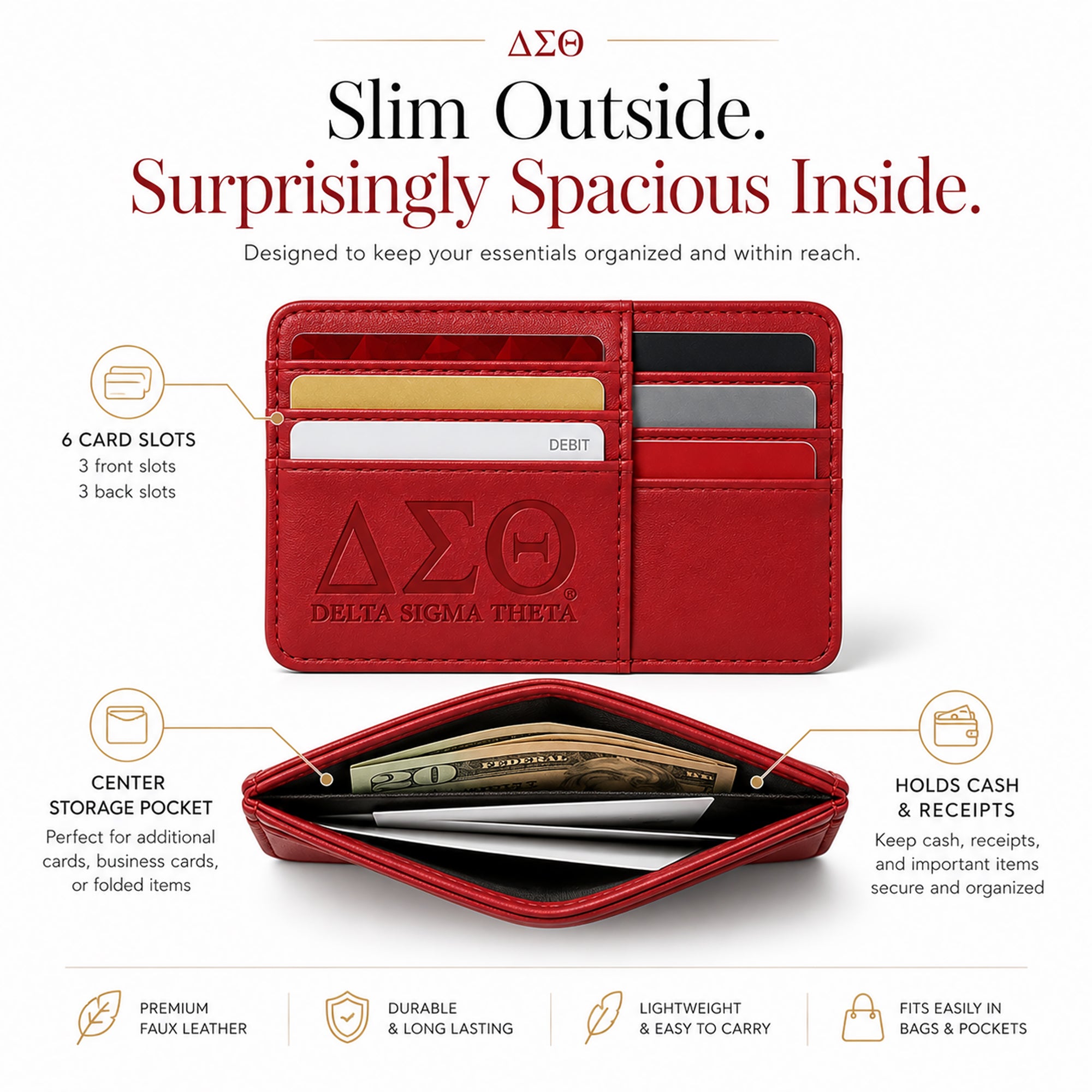 Delta Sigma Theta faux leather slim wallet showing six exterior card slots and a center pocket for cash, receipts, and additional cards.
