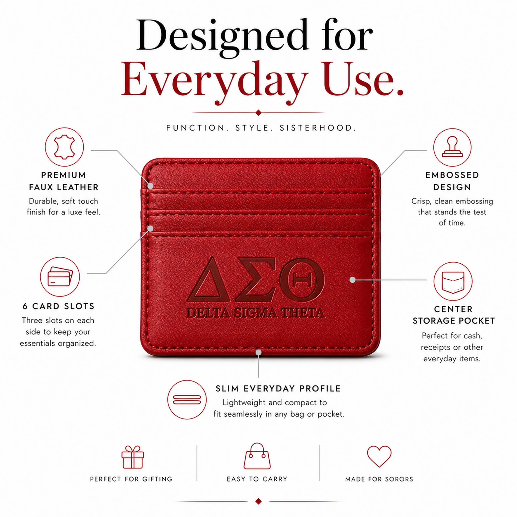 Feature infographic highlighting the faux leather construction, embossed design, six card slots, center storage pocket, and slim profile of the Delta Sigma Theta wallet.
