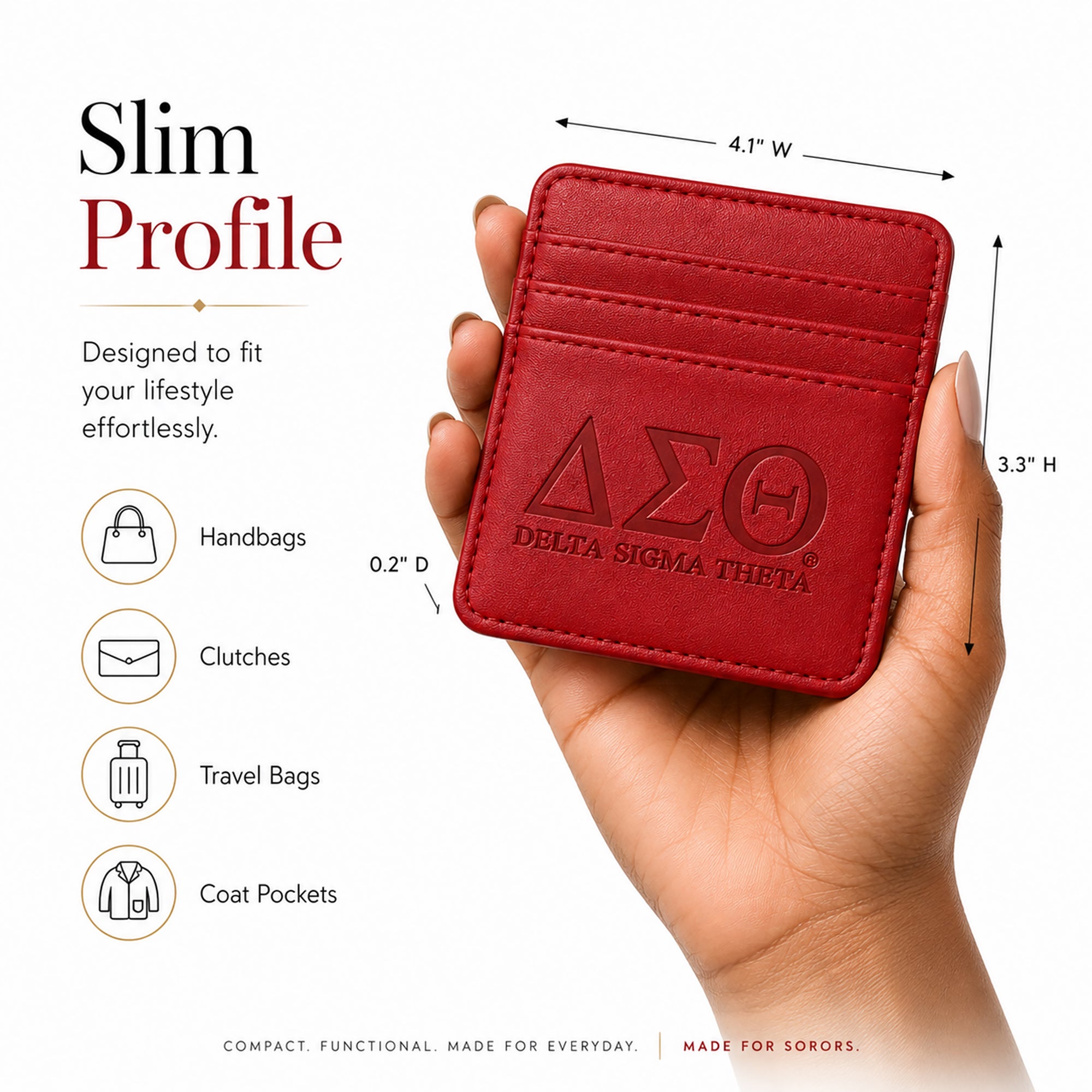 Delta Sigma Theta faux leather slim wallet shown in hand to demonstrate its compact everyday size.