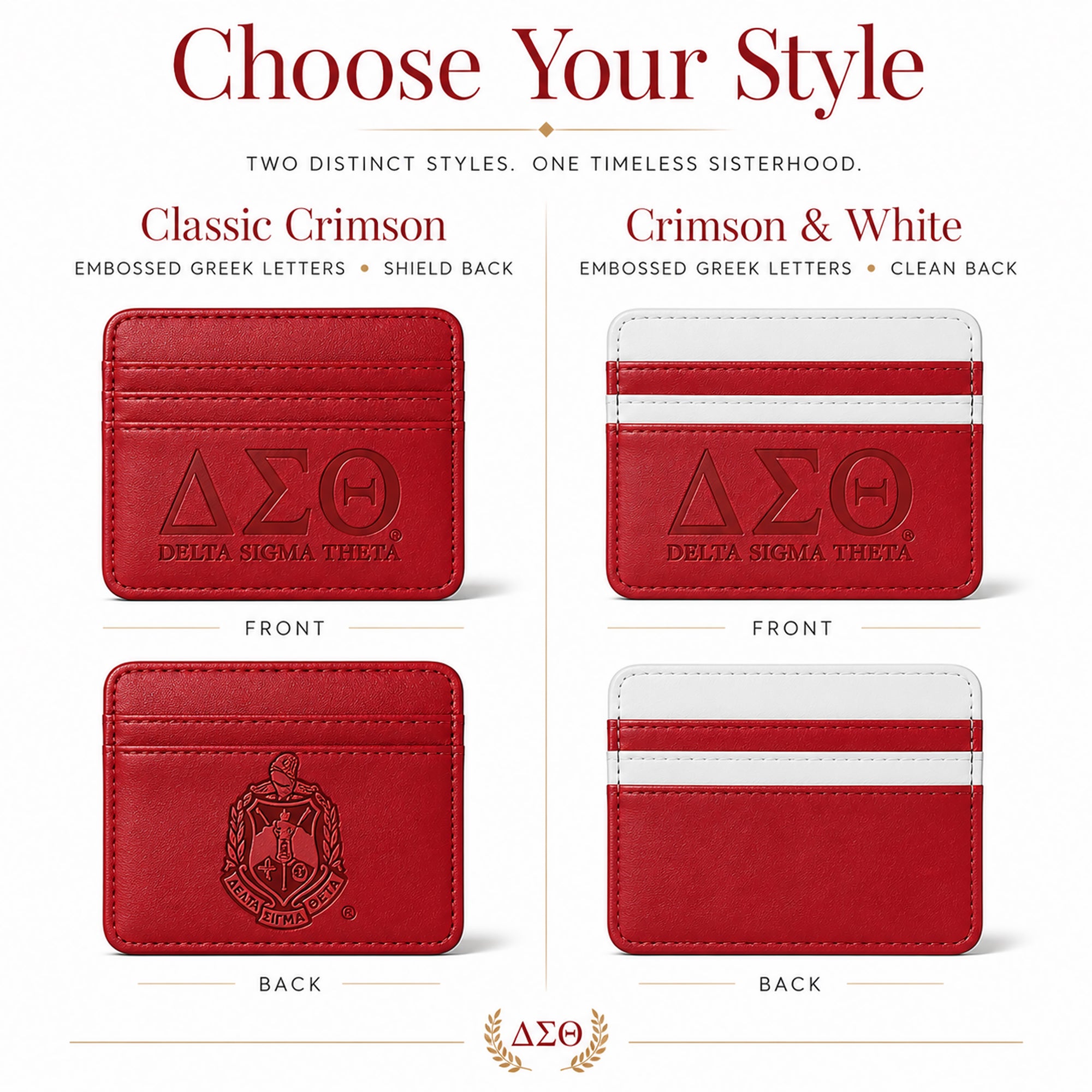 Front and back comparison of the Delta Sigma Theta faux leather slim wallet in Classic Crimson and Crimson & White.