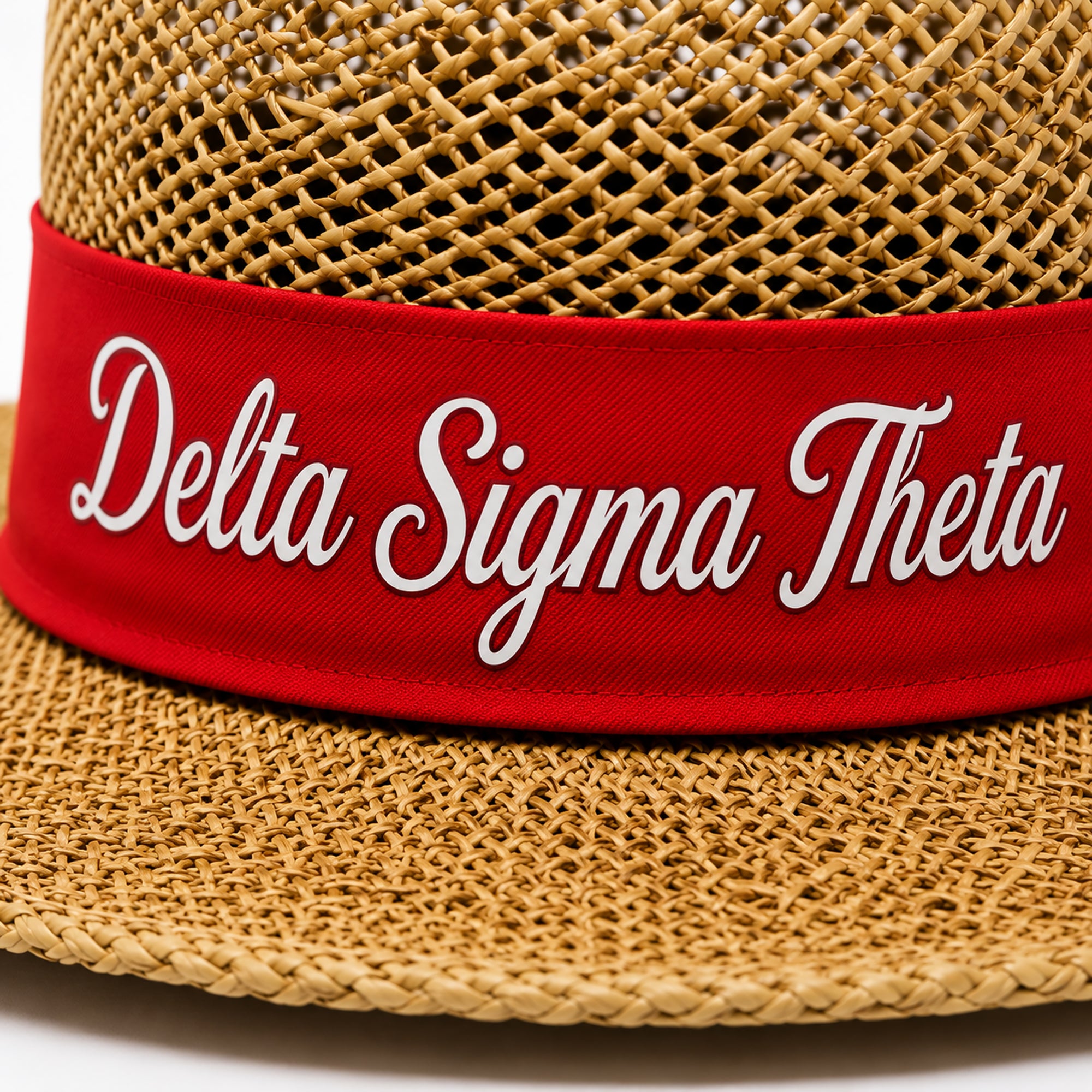 Straw hat with red band featuring Delta Sigma Theta script embroidery