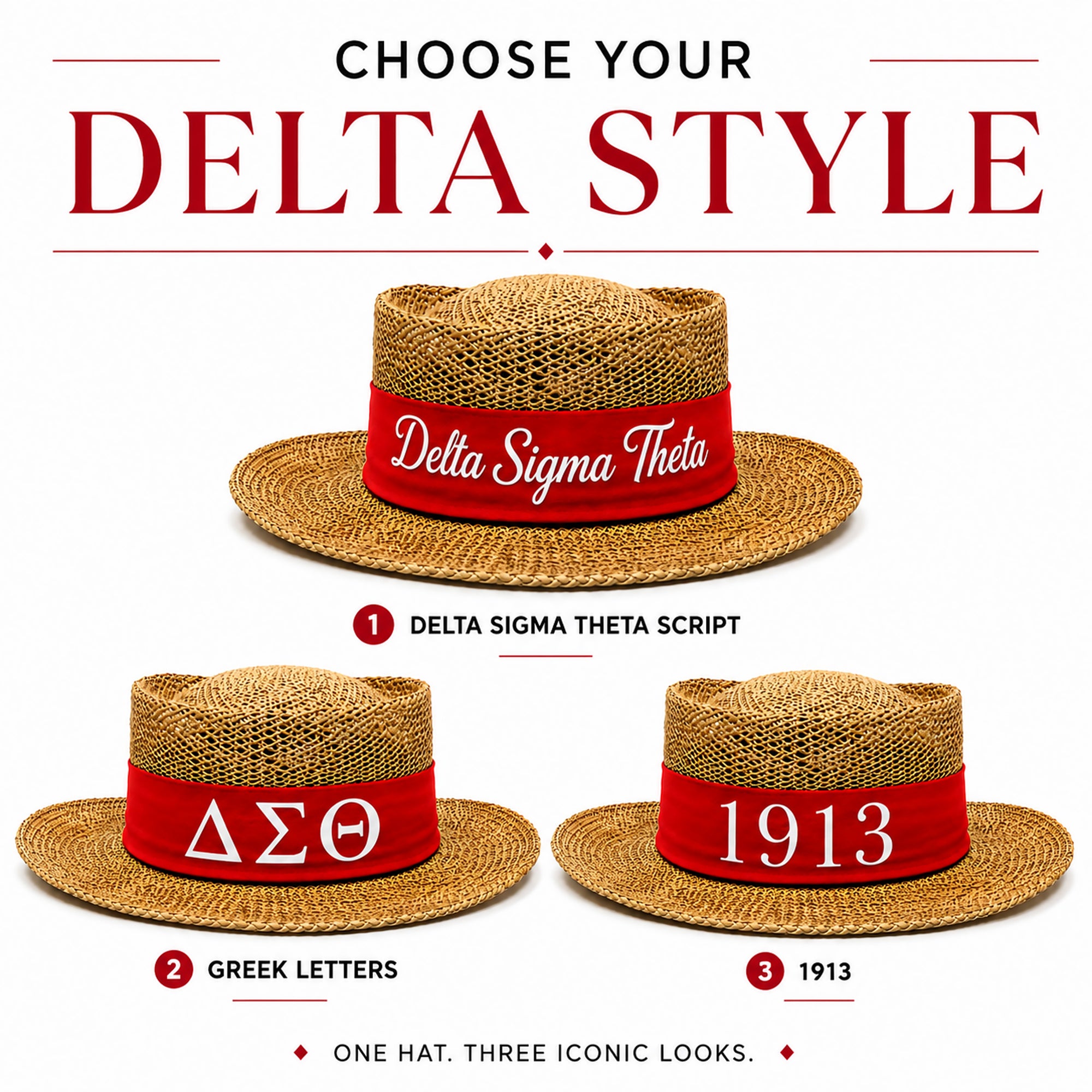 Straw hat with red band; Delta Sigma Theta script, Greek letters, or 1913