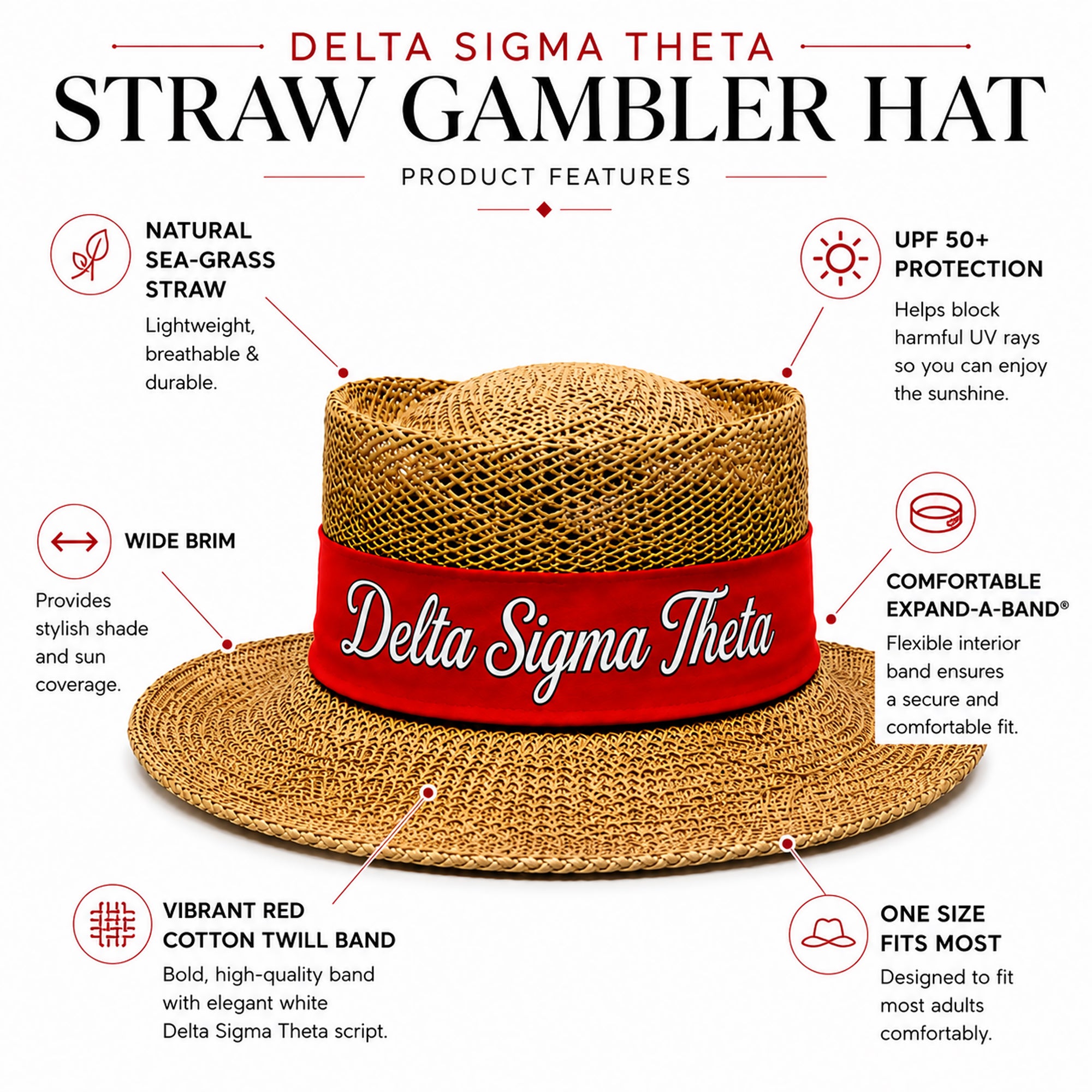 Straw hat with wide brim and red band featuring Delta Sigma Theta script