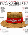Straw hat with wide brim and red band featuring Delta Sigma Theta script