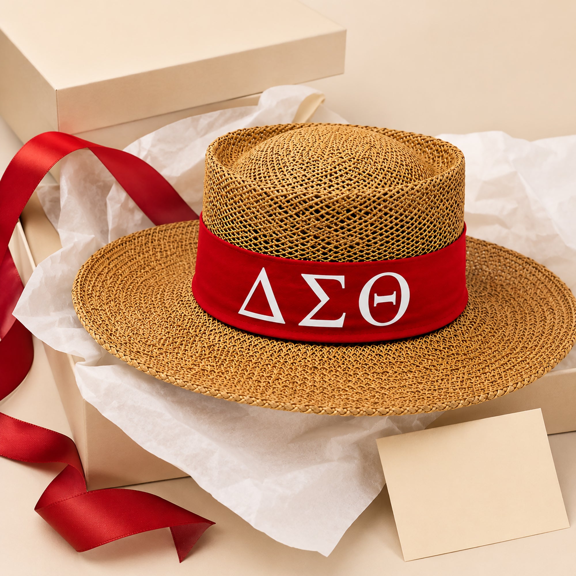 Straw hat with red band featuring Delta Sigma Theta Greek letters emblem
