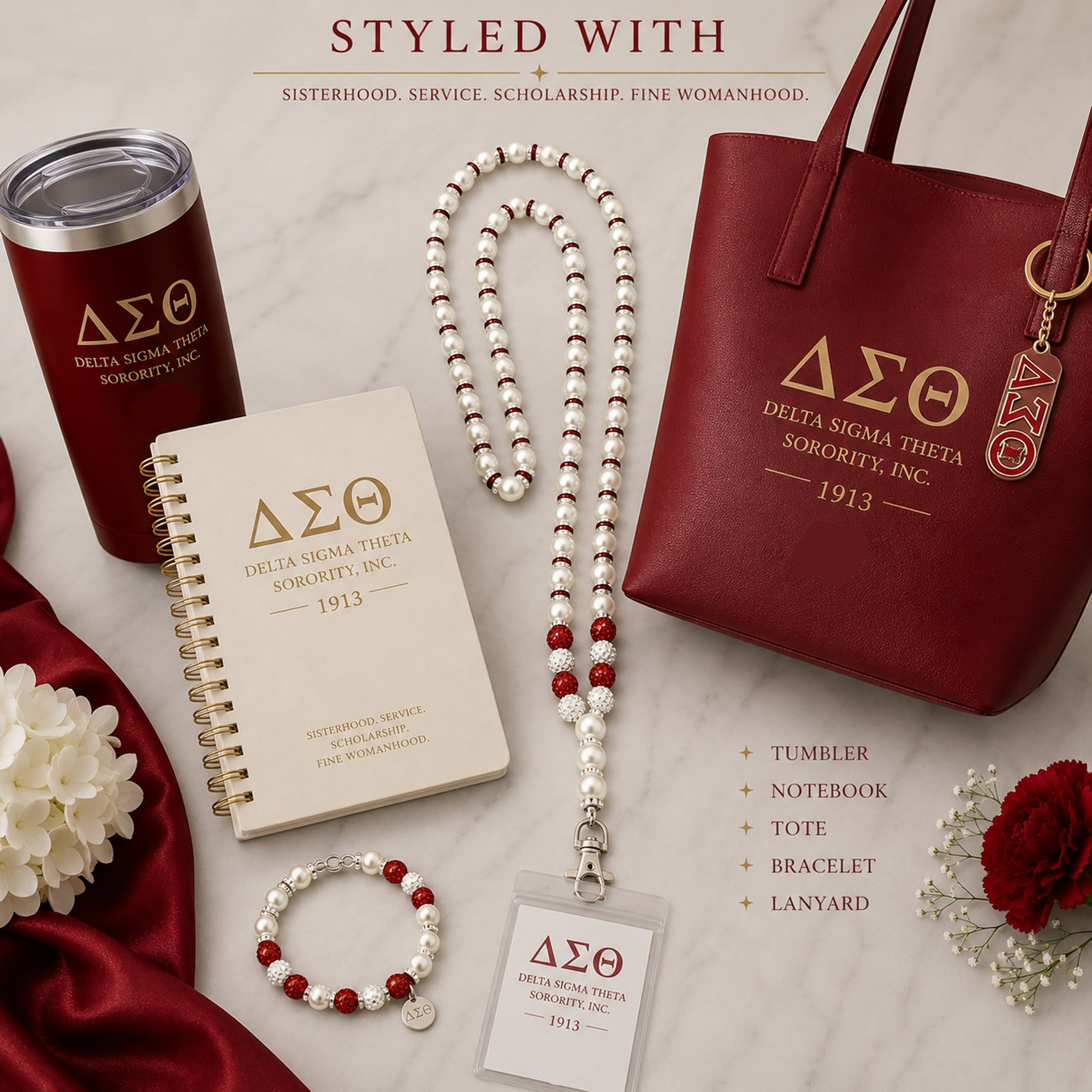 Delta Sigma Theta pearl lanyard styled with matching tumbler notebook tote bag and bracelet accessories