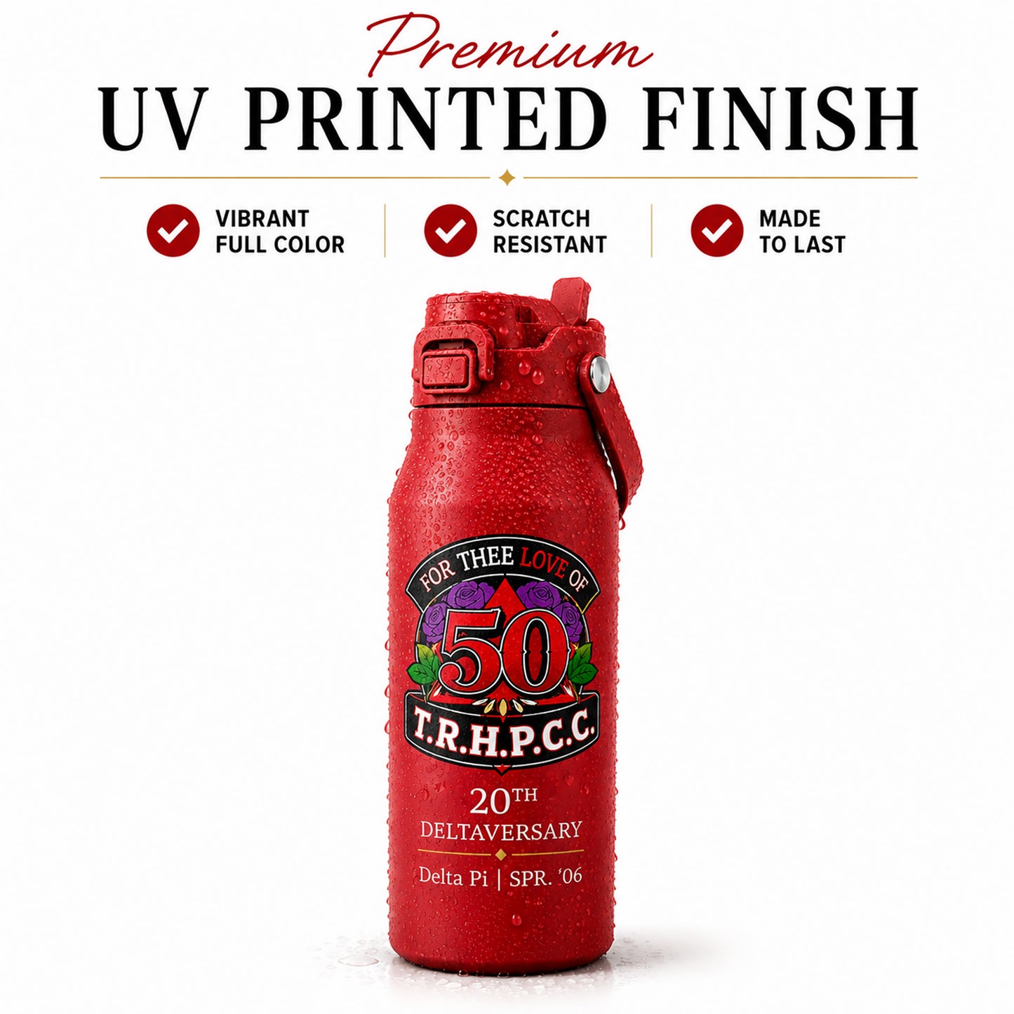 Crimson Frost Buddy Bottle Buddy with water droplets highlighting the durable scratch-resistant full-color UV printed finish.