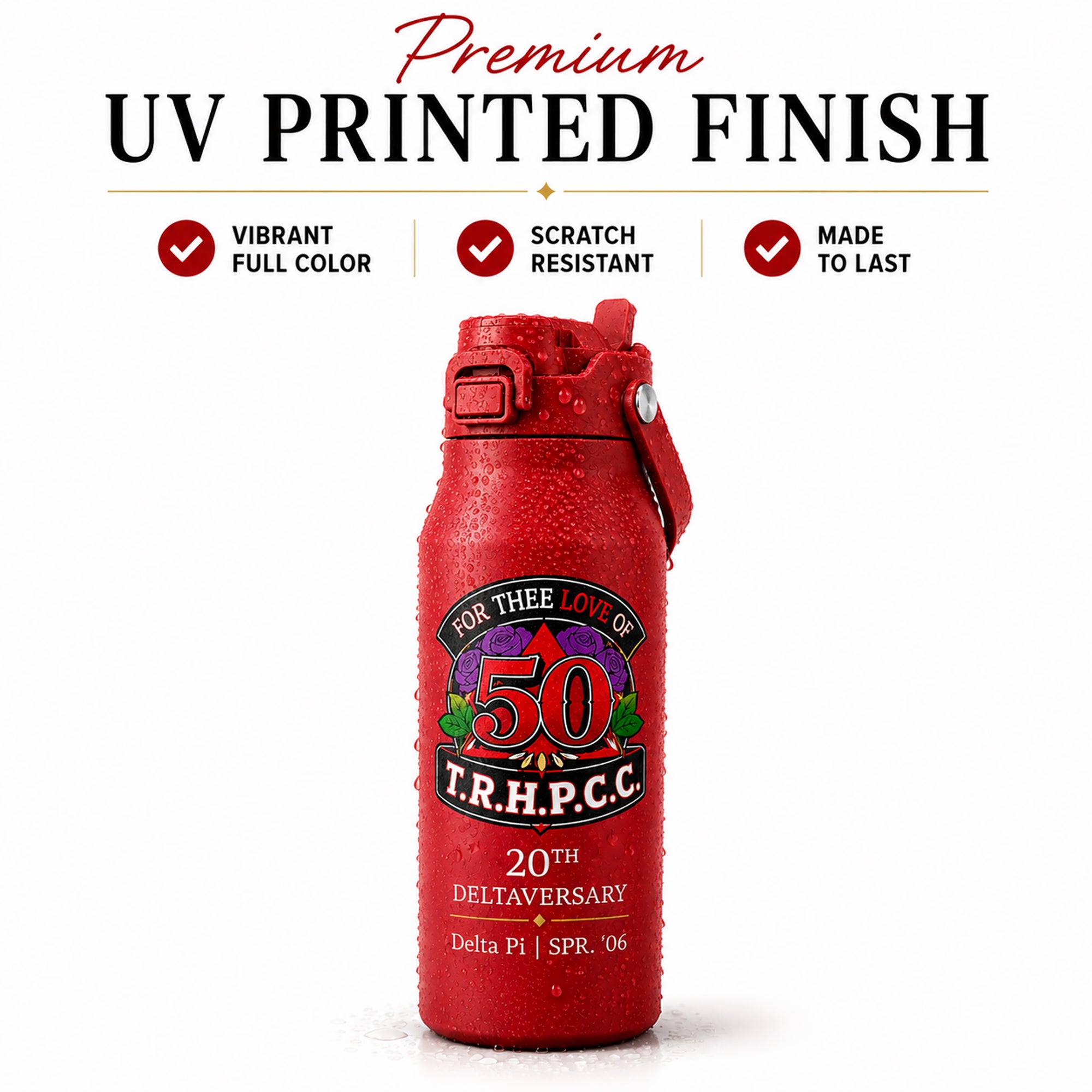 Crimson Frost Buddy Bottle Buddy with water droplets highlighting the durable scratch-resistant full-color UV printed finish.