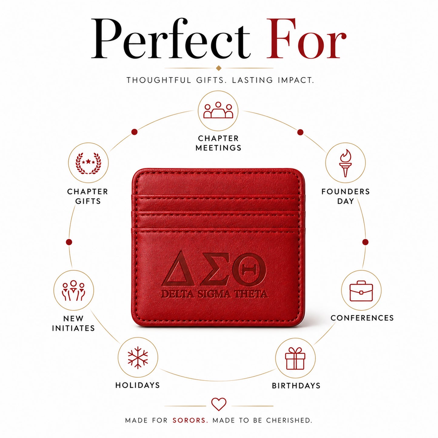 Delta Sigma Theta faux leather slim wallet displayed as a thoughtful gift for Founders Day, birthdays, conferences, chapter meetings, and holidays.