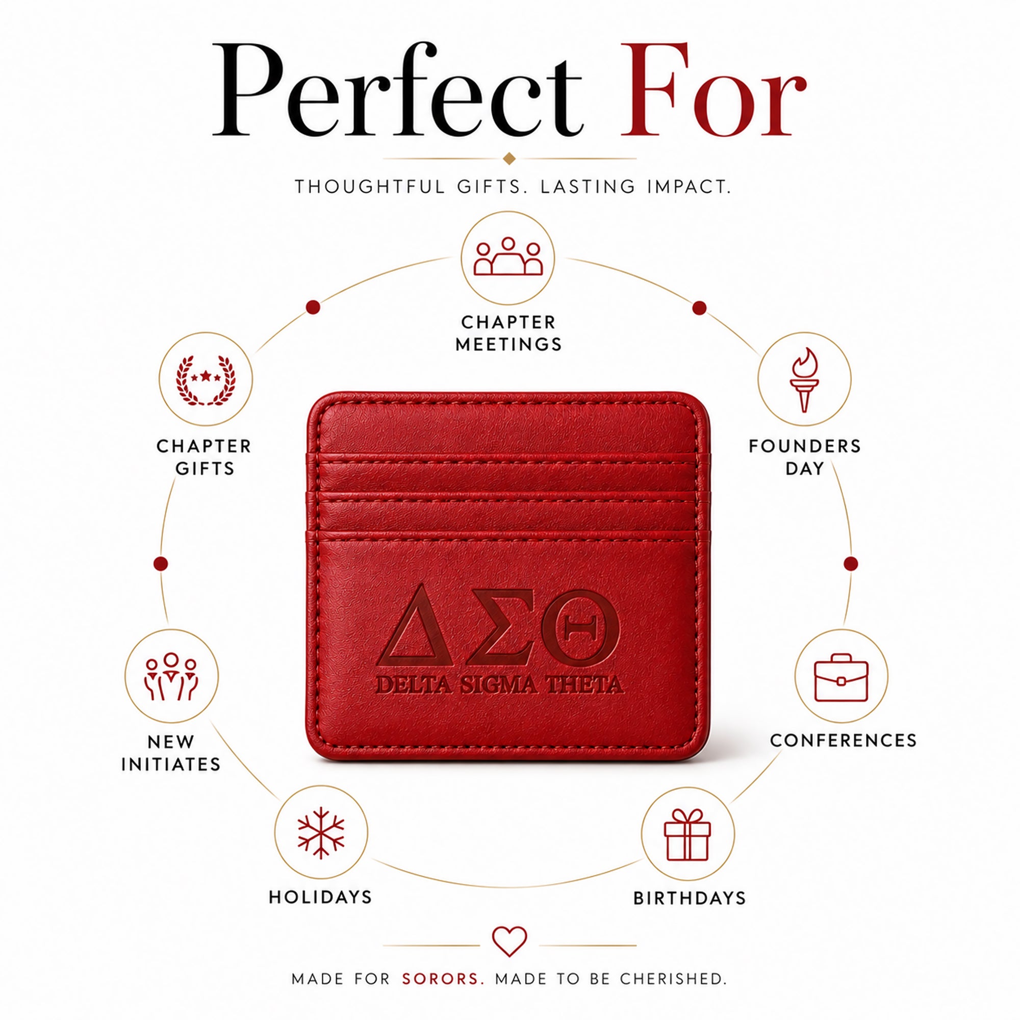 Delta Sigma Theta faux leather slim wallet displayed as a thoughtful gift for Founders Day, birthdays, conferences, chapter meetings, and holidays.