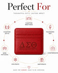 Delta Sigma Theta faux leather slim wallet displayed as a thoughtful gift for Founders Day, birthdays, conferences, chapter meetings, and holidays.