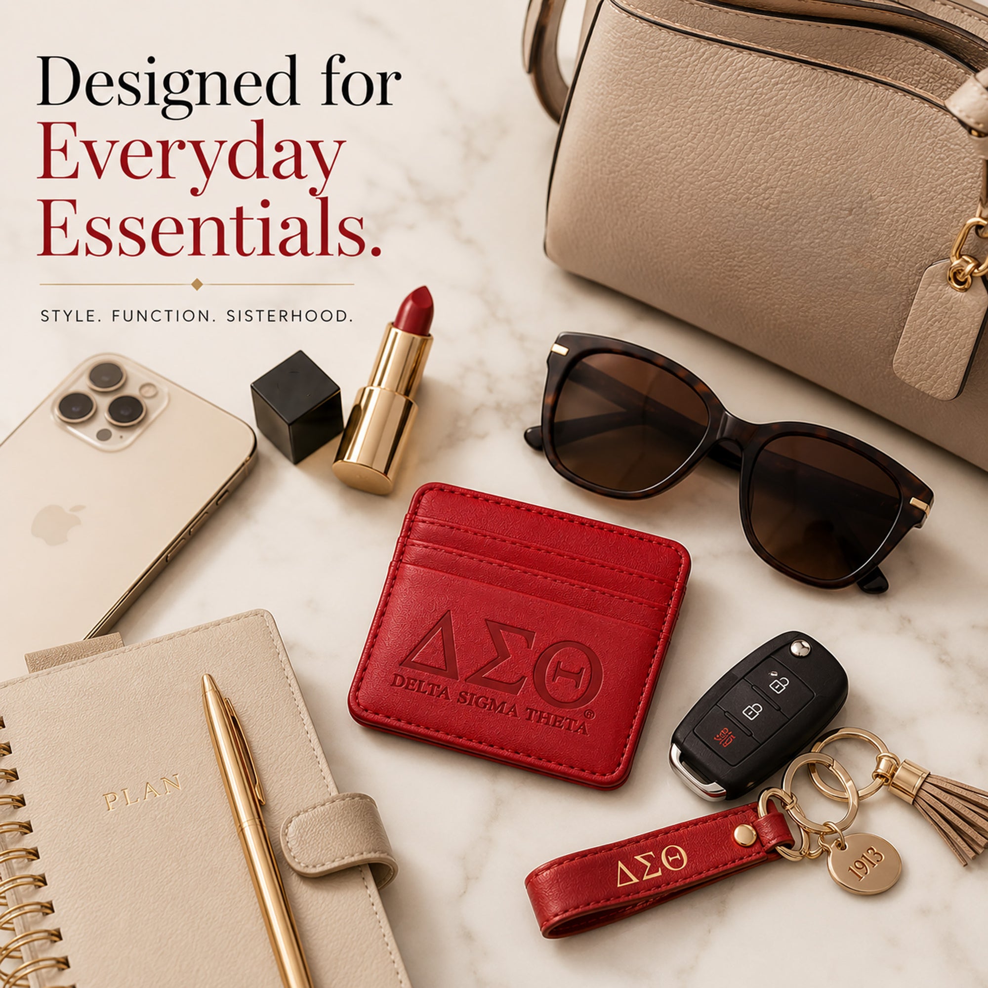 Delta Sigma Theta faux leather slim wallet styled with a handbag, planner, phone, keys, sunglasses, and other everyday essentials.