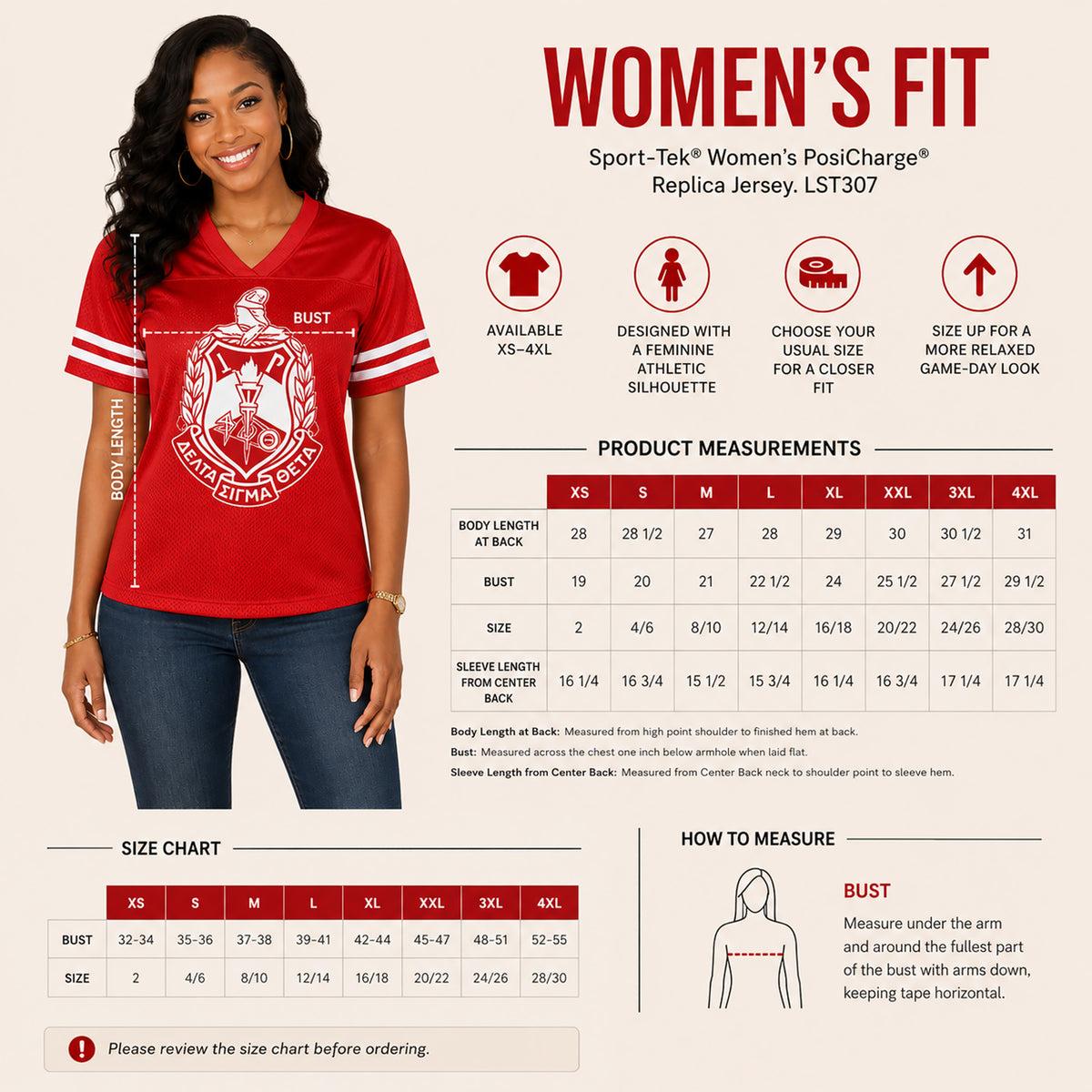 A women's fit sizing guide for the PostiCharge Replica Jersey LST307 by Sport-Tek, featuring a model wearing the red and white jersey, product measurements tables, a size chart, and a how-to diagram on a light gray background.