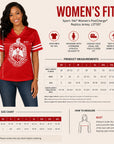 A women's fit sizing guide for the PostiCharge Replica Jersey LST307 by Sport-Tek, featuring a model wearing the red and white jersey, product measurements tables, a size chart, and a how-to diagram on a light gray background.