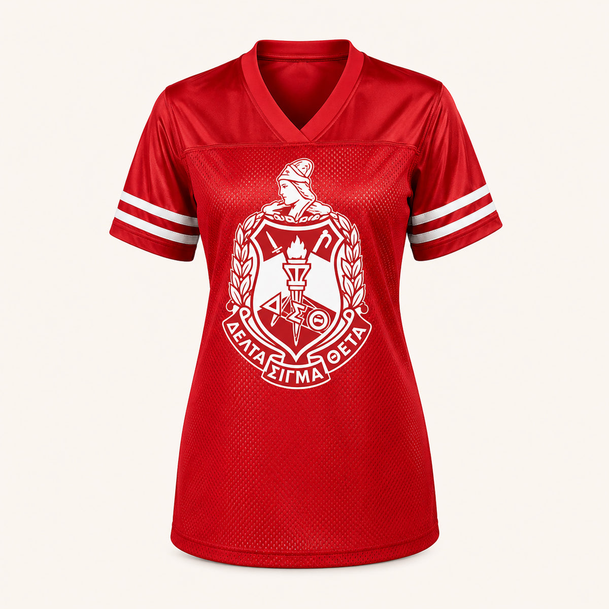 A red short-sleeve V-neck athletic jersey with white sleeve stripes and a large white Greek letter Sigma Beta crest on the front, displayed on a light cream background.