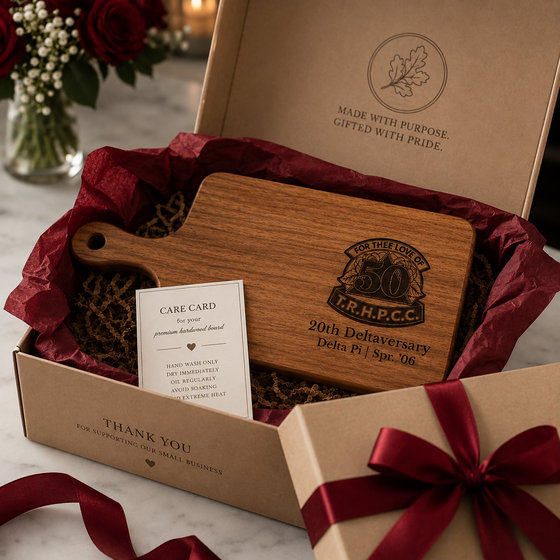 Gift packaged engraved Delta Sigma Theta cutting board with kraft box, ribbon, tissue paper, and care card