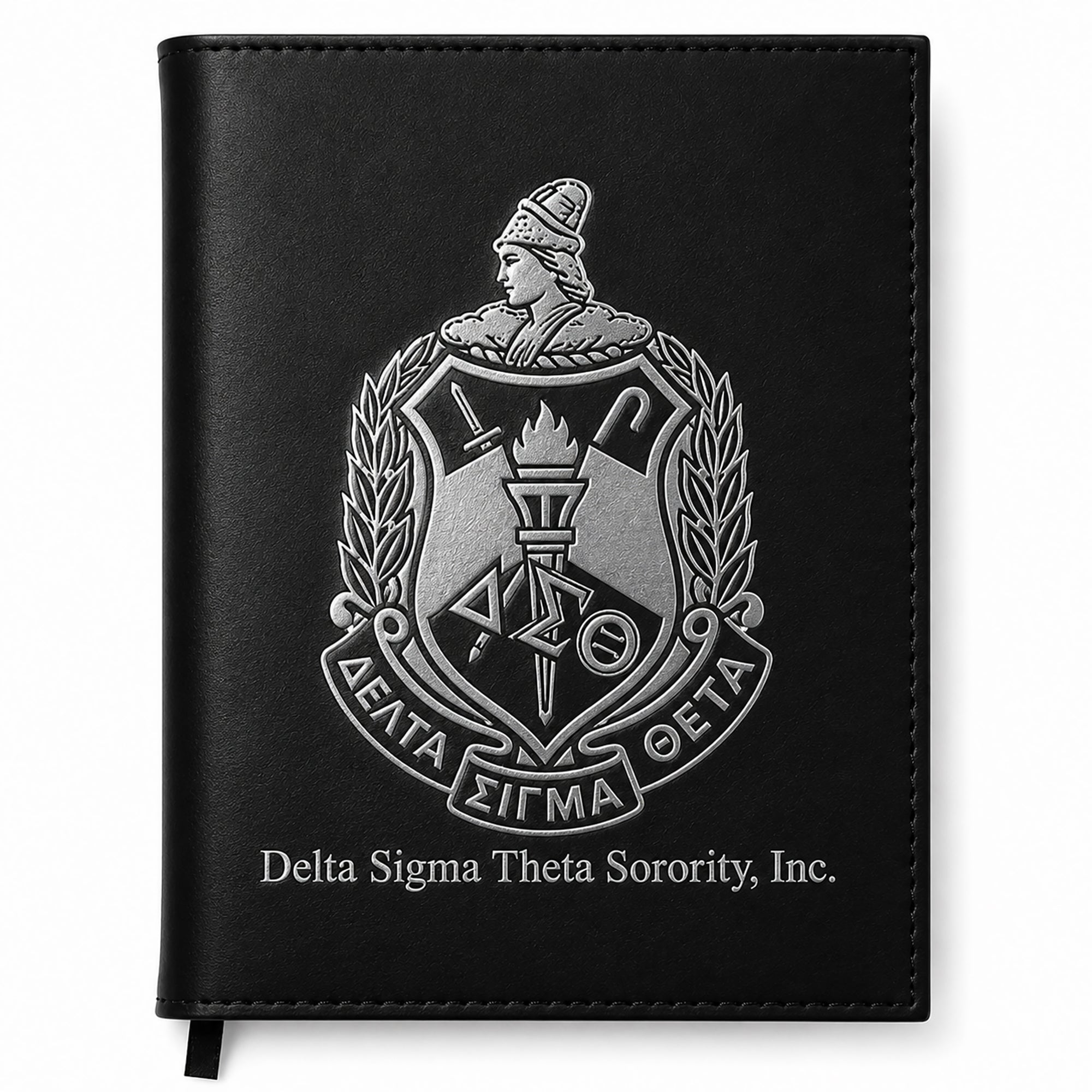 Black notebook with Delta Sigma Theta Sorority, Inc. emblem on a white background